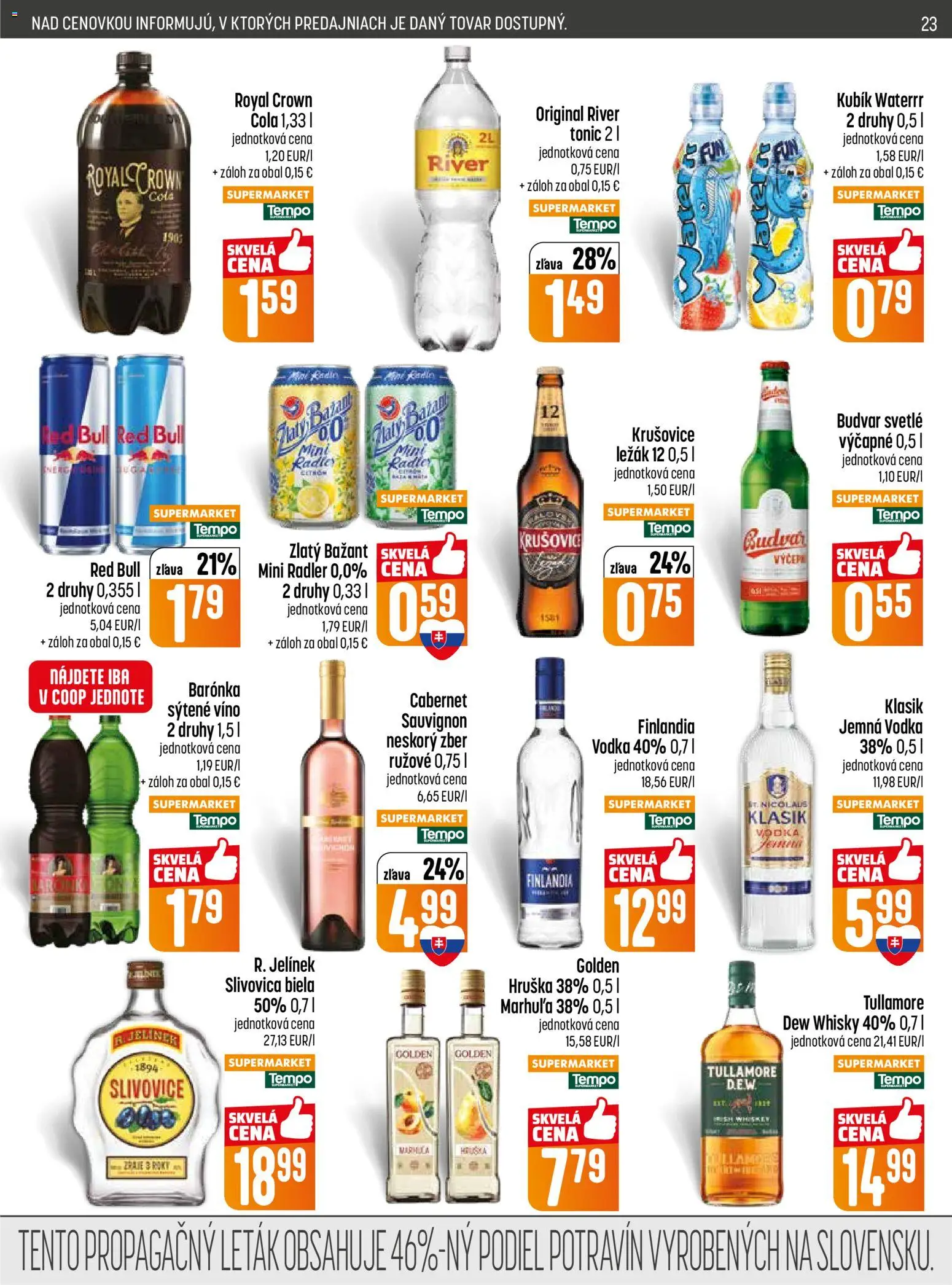 Nové COOP Jednota akcie – leták je platný od 26.02.2026 | Strana: 23 | Produkty: Víno, Red Bull, Krušovice, Slivovica