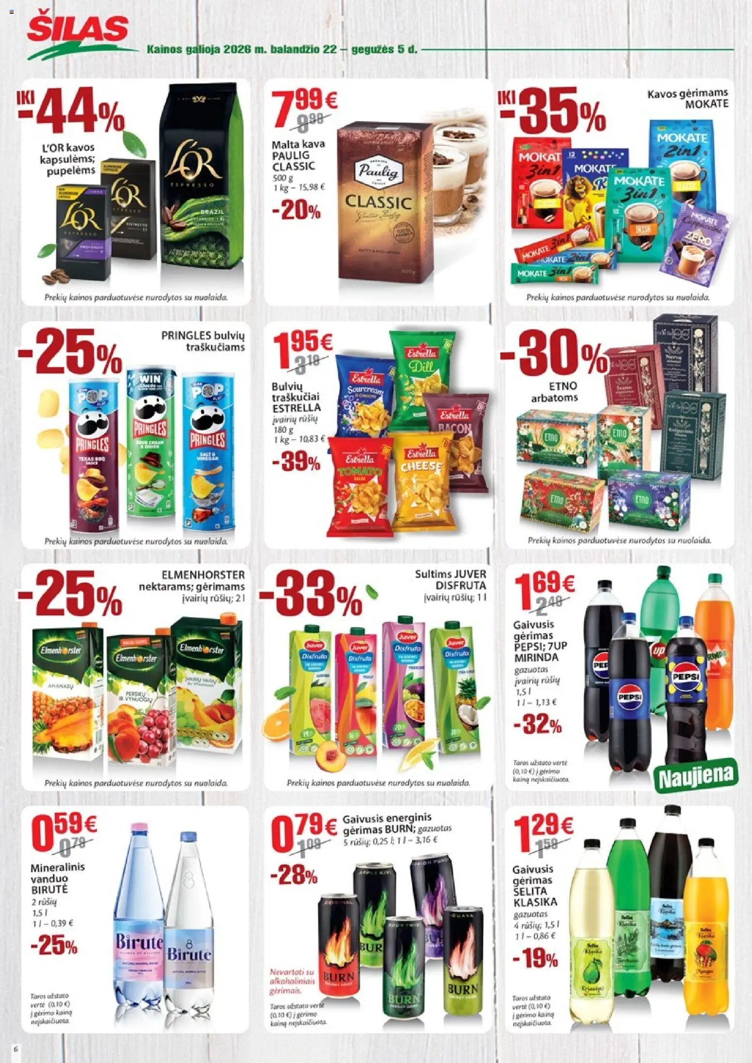 Šilas akcijos nuo 22.04.2026 | Puslapis: 6 | Prekių: Energinis gėrimas, Kava, Traškučiai