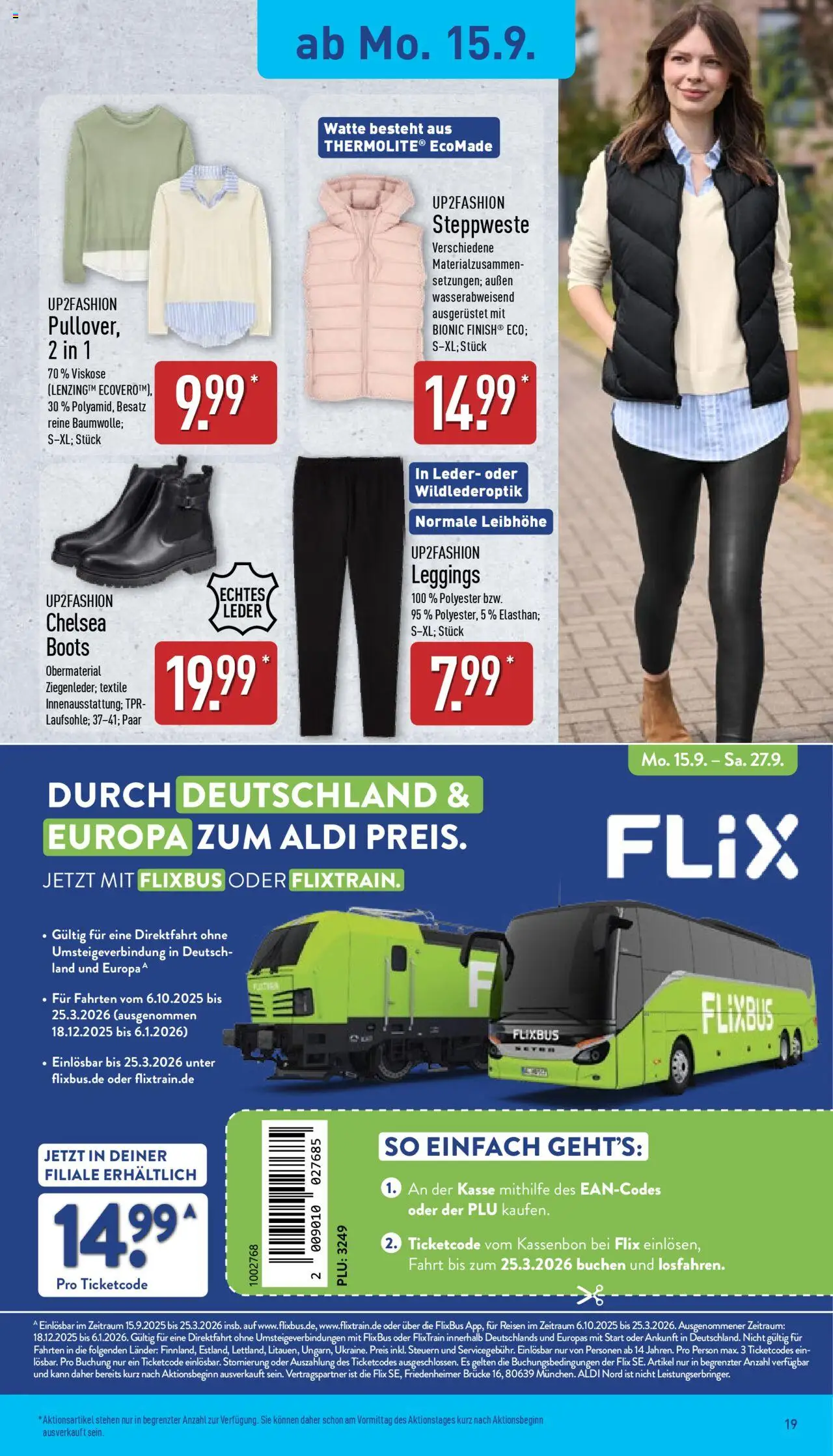 Aldi Prospekt 	 – gültig ab 15.09.2025 | Seite: 19 | Produkte: Up2fashion, Steppweste, Leggings