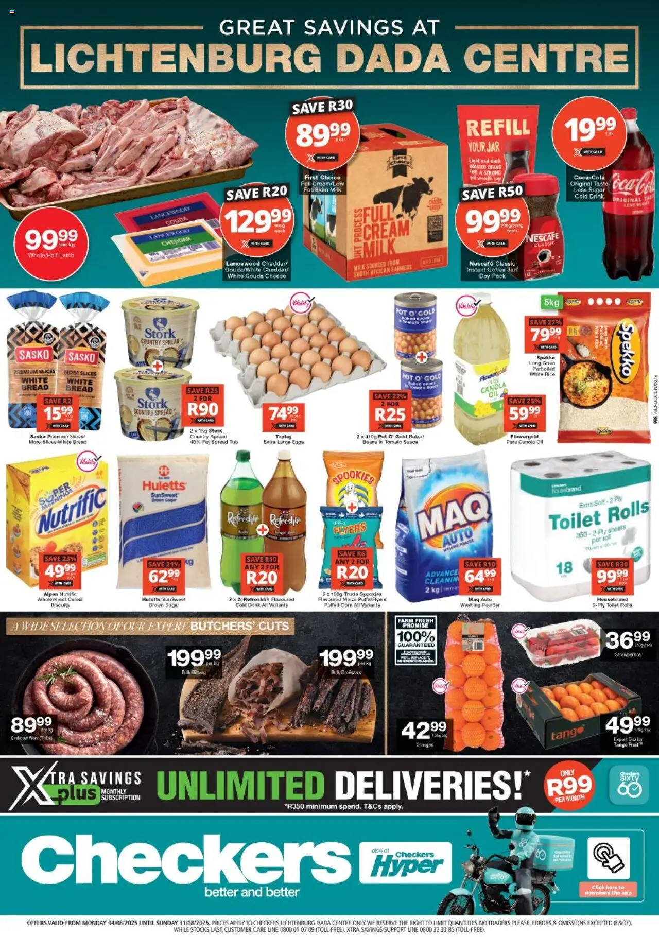 Checkers Northern Cape - Lichtenburg Dada Centre Xtra Savings │ valid from 04.08.2025 | Page: 1 | Products: Beans, Powder, Rice, Estuche organizador de viaje