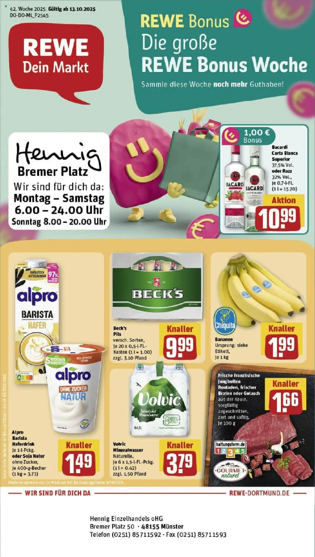 Rewe prospekt Münster	 – gültig ab 13.10.2025 | Seite: 1 | Produkte: Rum, Bananen, Gulasch, Volvic