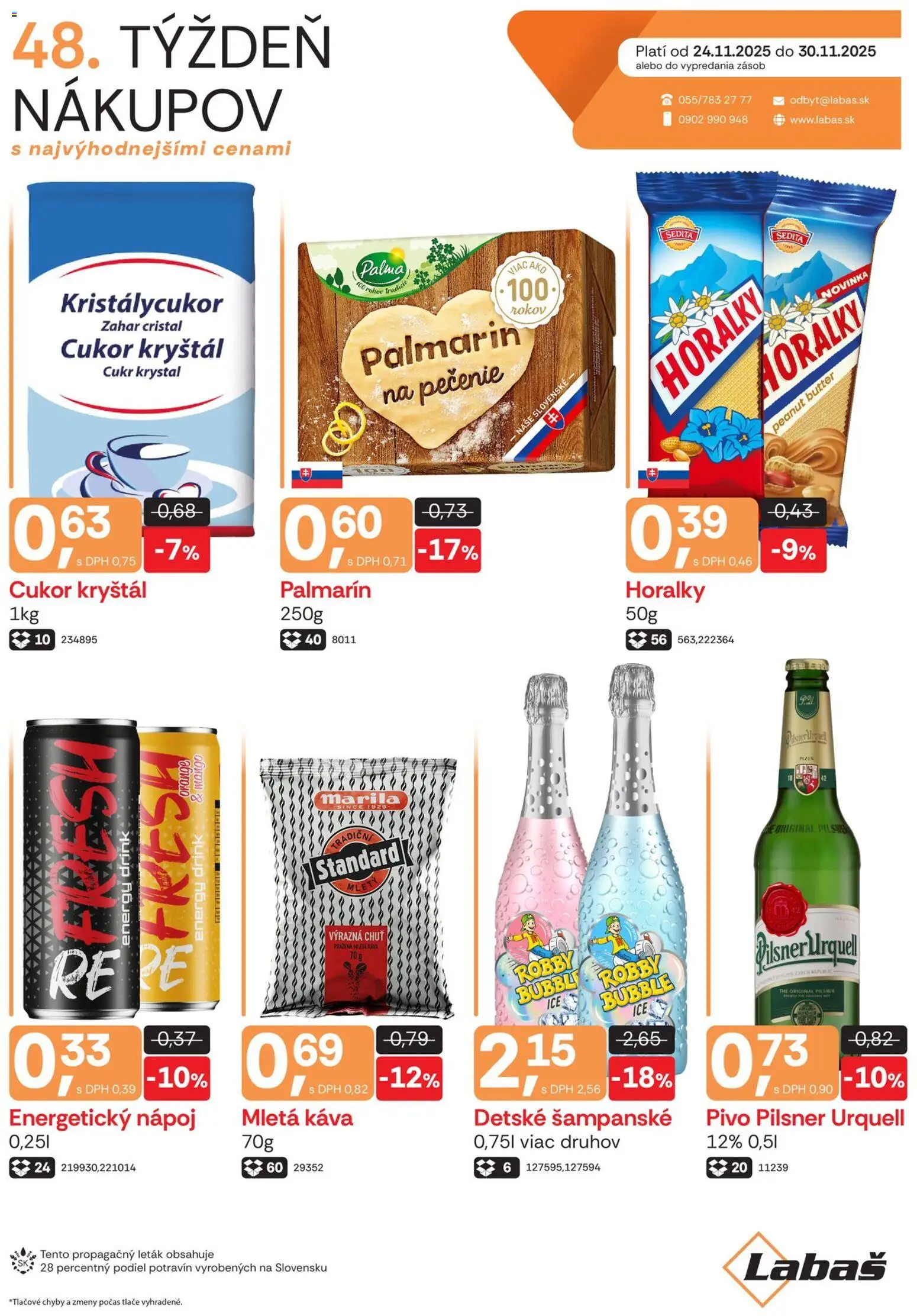 Nové Labaš akcie – leták je platný od 24.11.2025 | Strana: 1 | Produkty: Palmarin, Cukor, Šampanské, Energetický nápoj