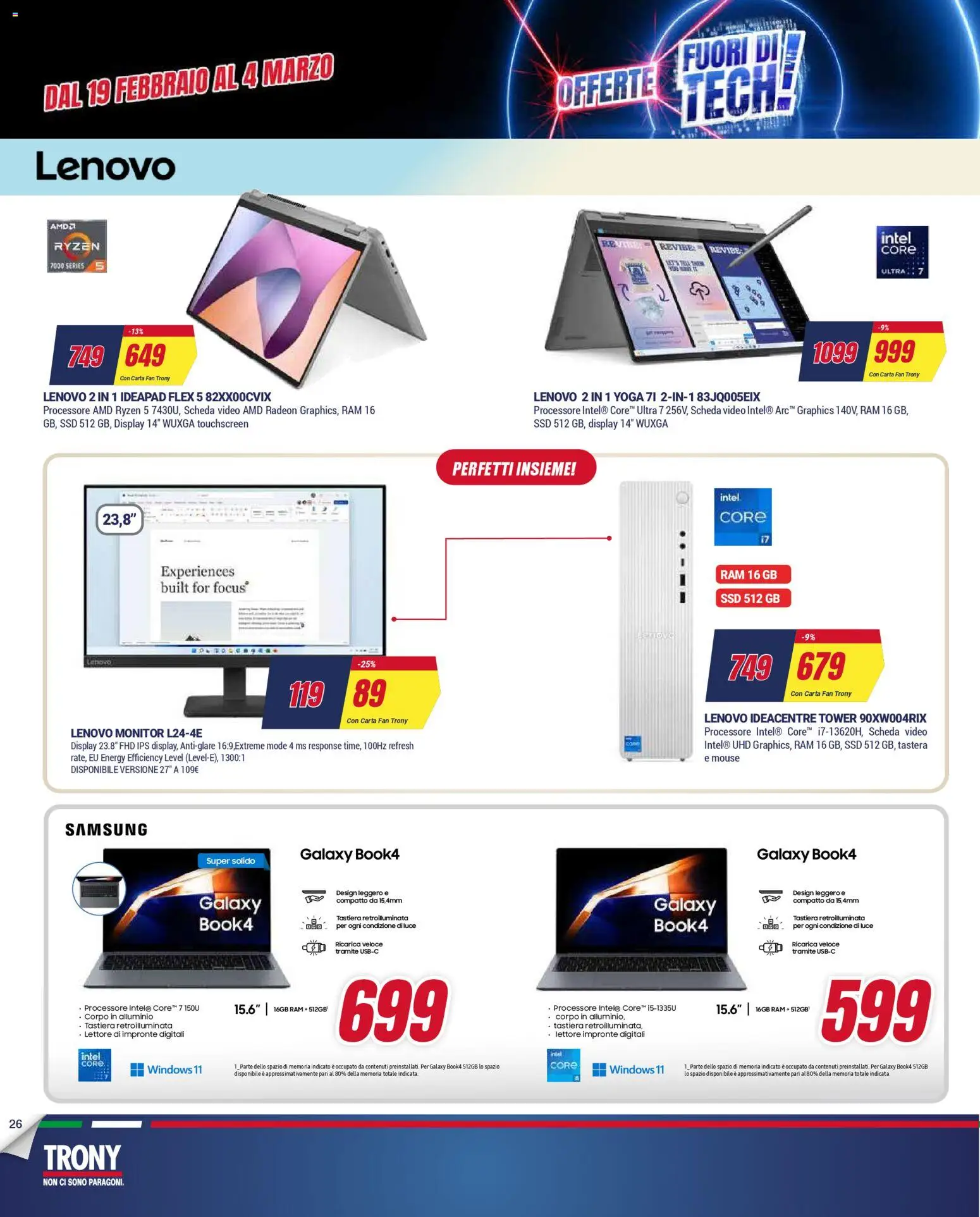 Volantino Trony del 19.02.2026 | Pagina: 26 | Prodotti: Samsung Galaxy, Video, Fan, Samsung