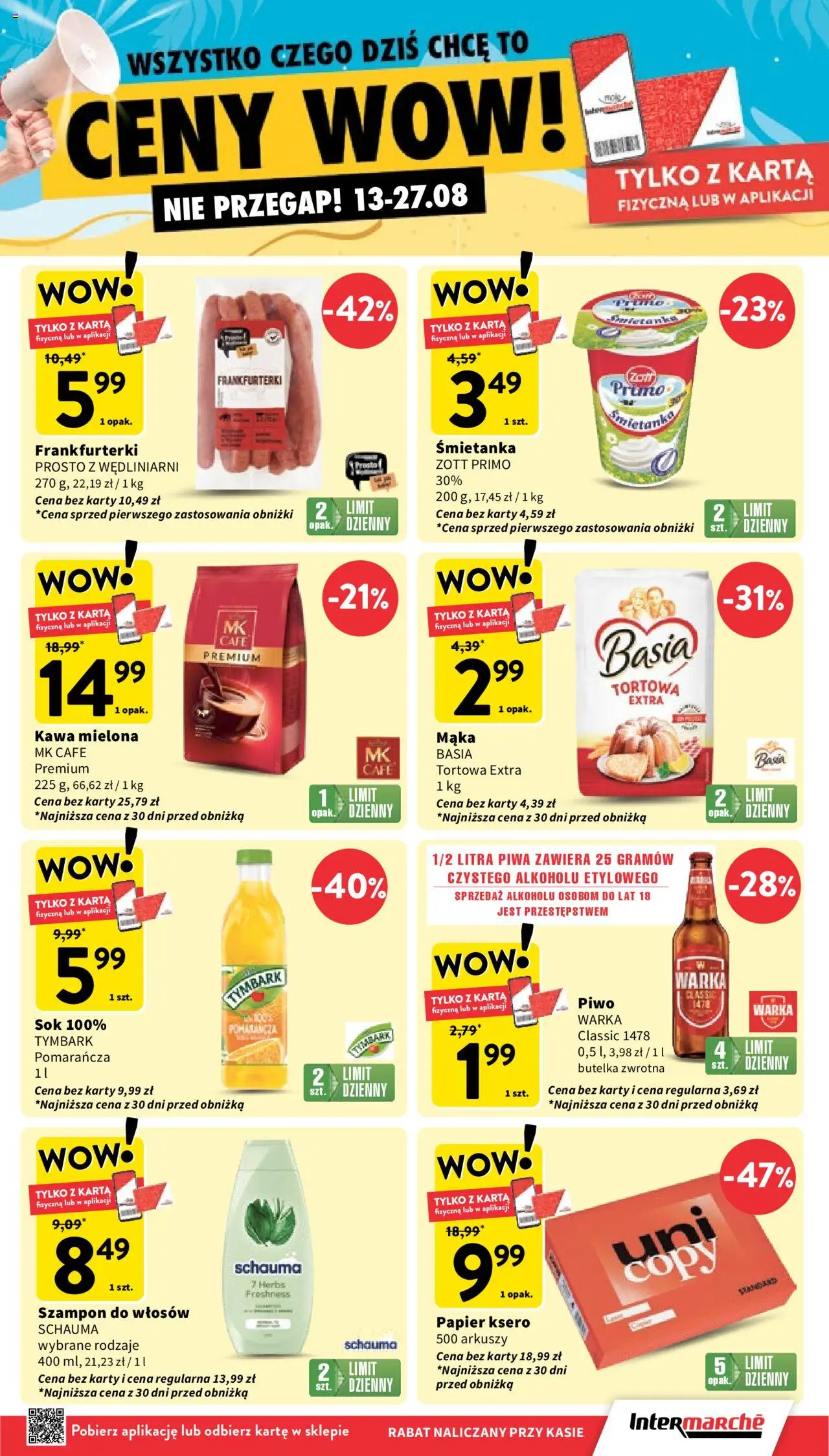Intermarche Gazetka od 21.08.2025 | Strona: 8 | Produkty: Frankfurterki, Sok, Piwo, Papier ksero