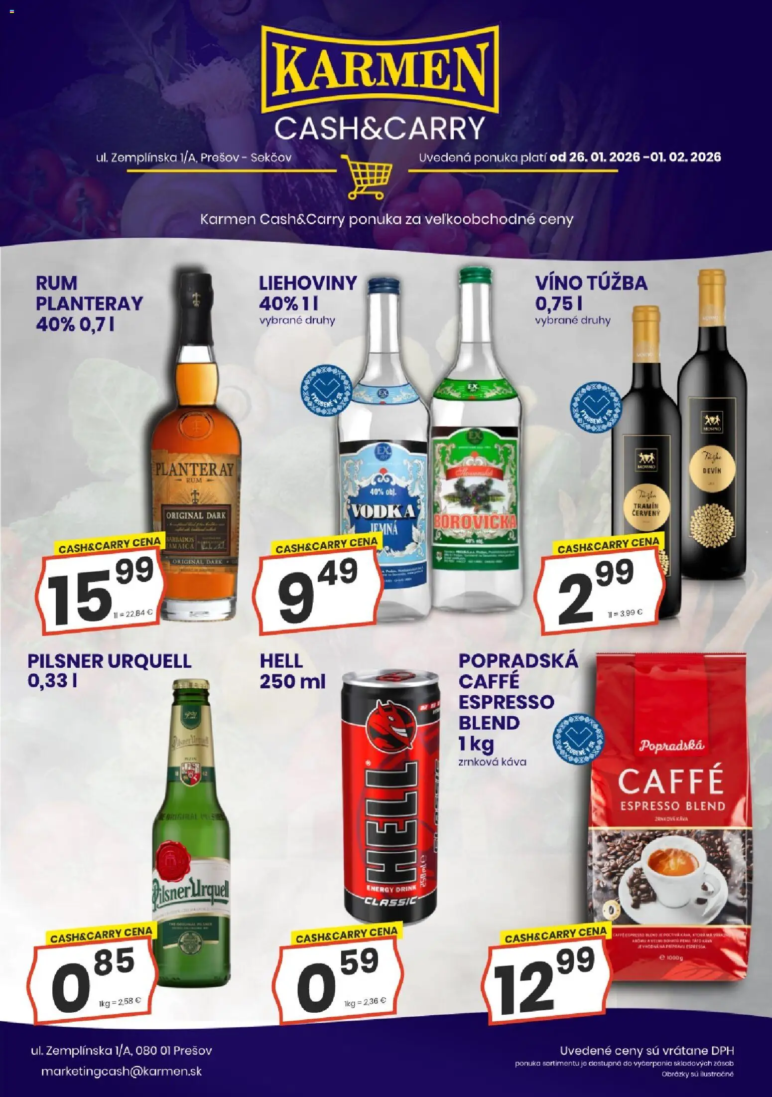 Nové KARMEN CBA akcie – leták je platný od 26.01.2026 | Strana: 1 | Produkty: Pilsner Urquell, Káva, Vodka, Zrnková káva