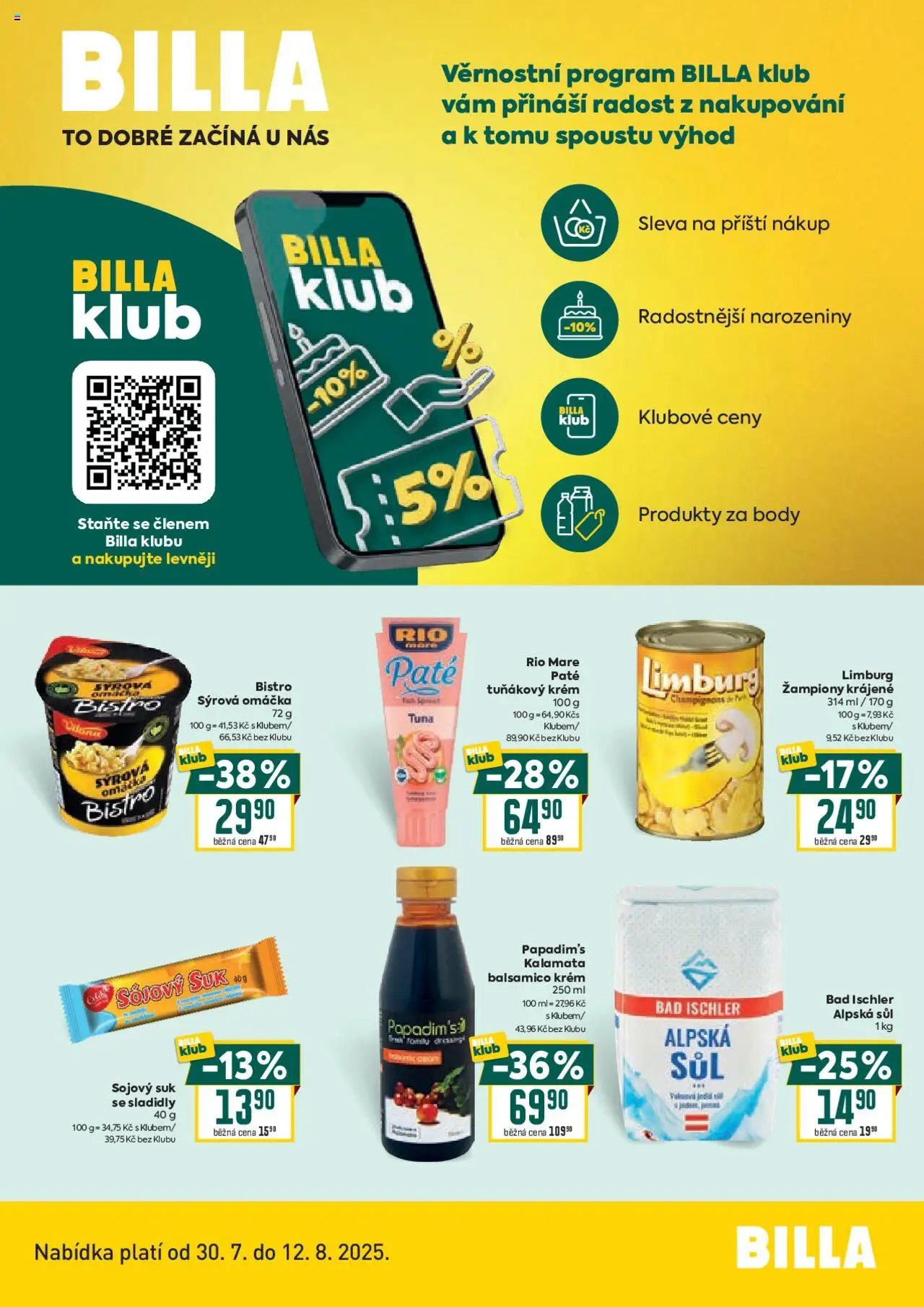 Billa leták - Bonus club od 30.07.2025 | Strana: 1 | Produkty: Žampiony, Krém, Rio mare, Balsamico
