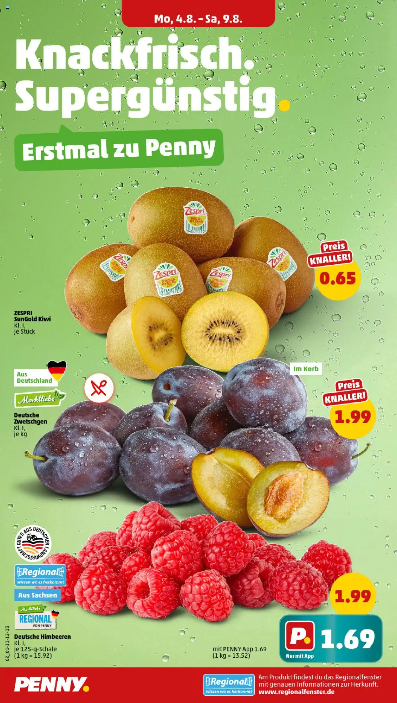Penny Prospekt 	 - gültig ab dem 04.08.2025 | Seite: 2 | Produkte: Himbeeren, Korb, Zwetschgen, Kiwi