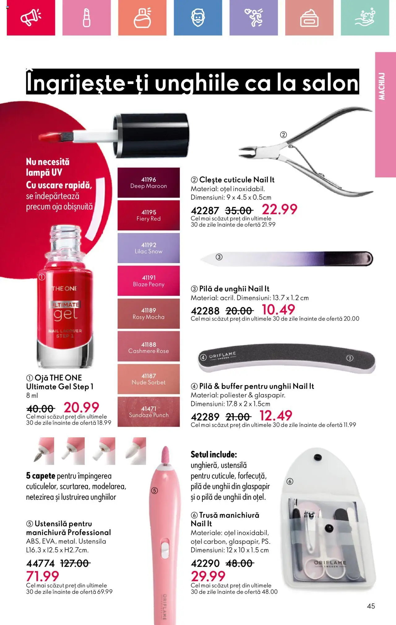 Oriflame catalog 10 2025 – valabil de la 06.07.2025 | Pagină: 45 | Produse: Clește, Lampă, Machiaj, Ojă
