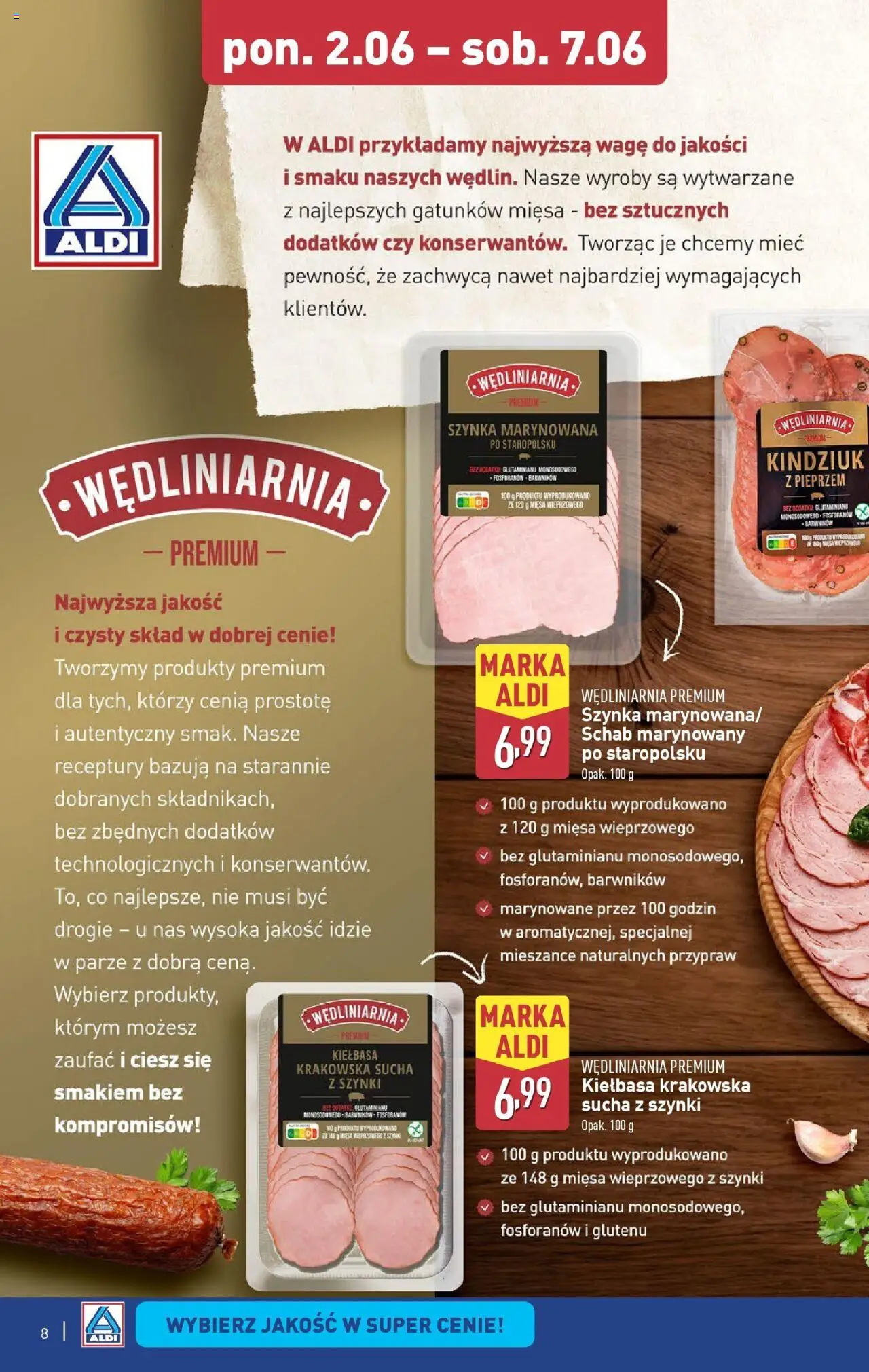 Aldi Gazetka od 02.06.2025 | Strona: 8 | Produkty: Schab, Szynka, Kiełbasa krakowska, Kindziuk