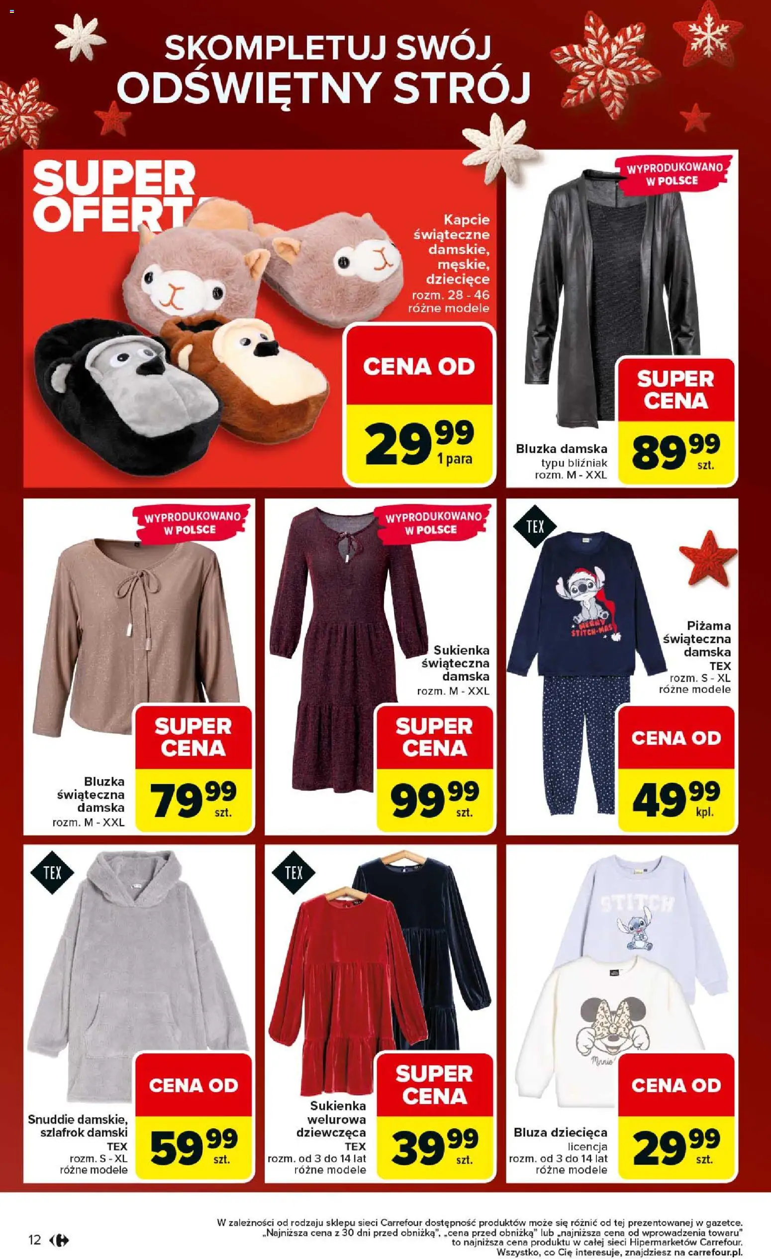 Carrefour Gazetka - Święta spełnionych marzeń od 01.12.2025 | Strona: 12 | Produkty: Bluzka, Piżama, Kapcie, Sukienka