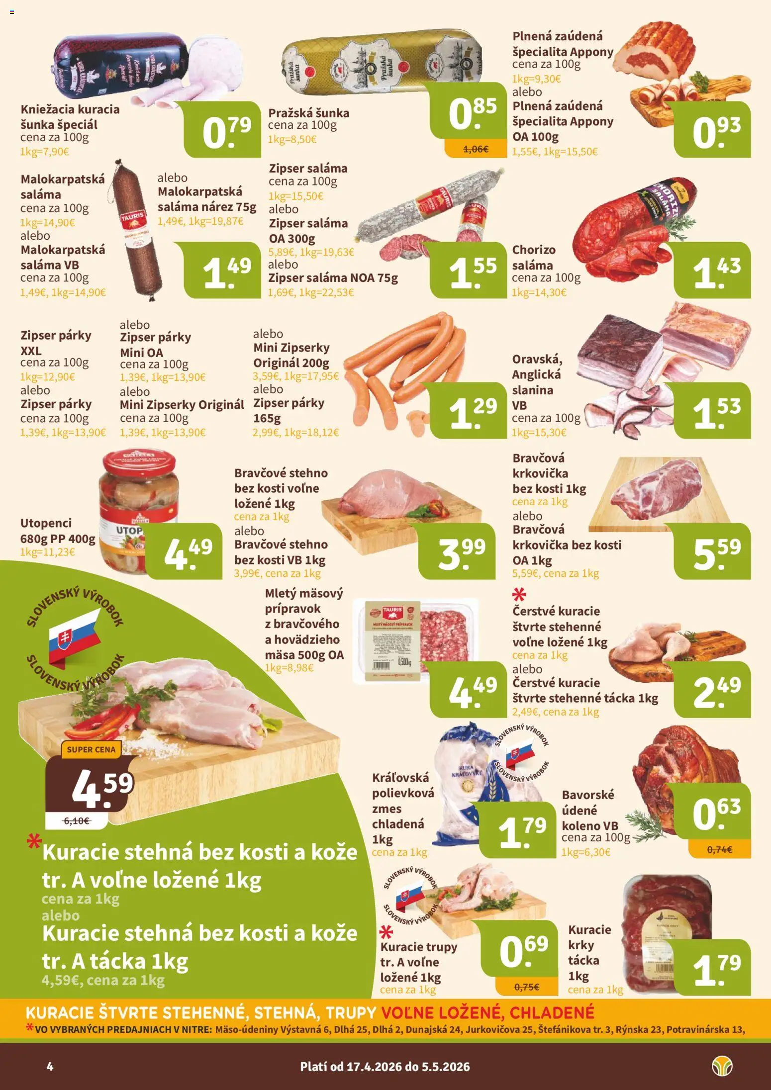 Nové Nitrazdroj akcie – leták je platný od 17.04.2026 | Strana: 4 | Produkty: Saláma, Bravčové stehno, Kuracie stehná, Krkovička