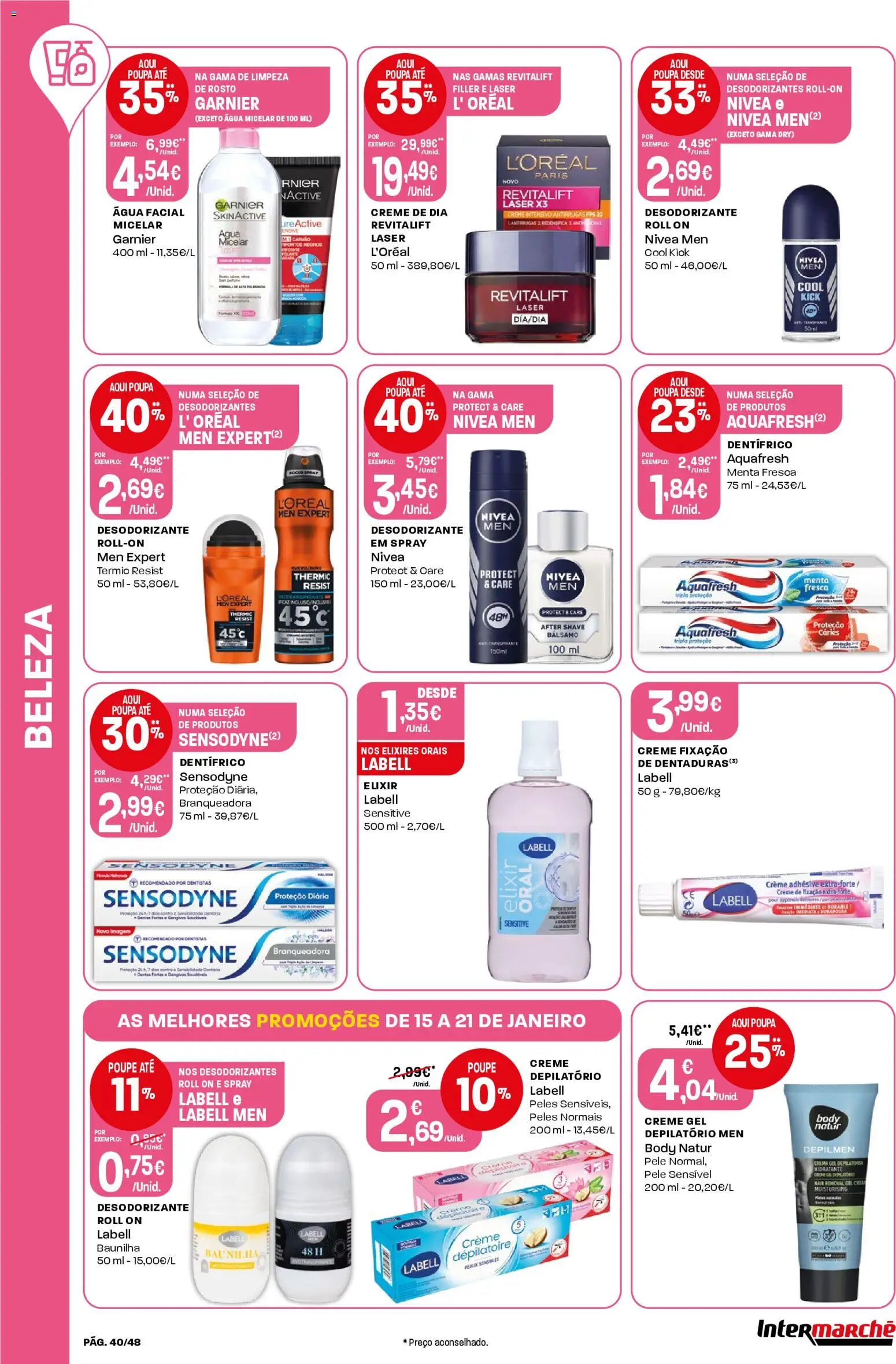 Intermarché folheto │ válido de 15.01.2026 | Página: 40 | Produtos: Agua, Água micelar, Desodorizante, Creme