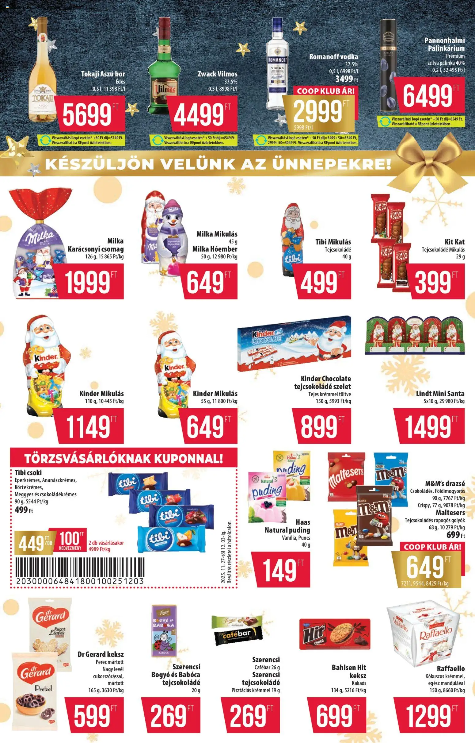 COOP akciós ujság - amely érvényes a következő dátumtól: 27.11.2025 | Oldal: 6 | Termékek: Puding, Drazsé, Bor, Vodka
