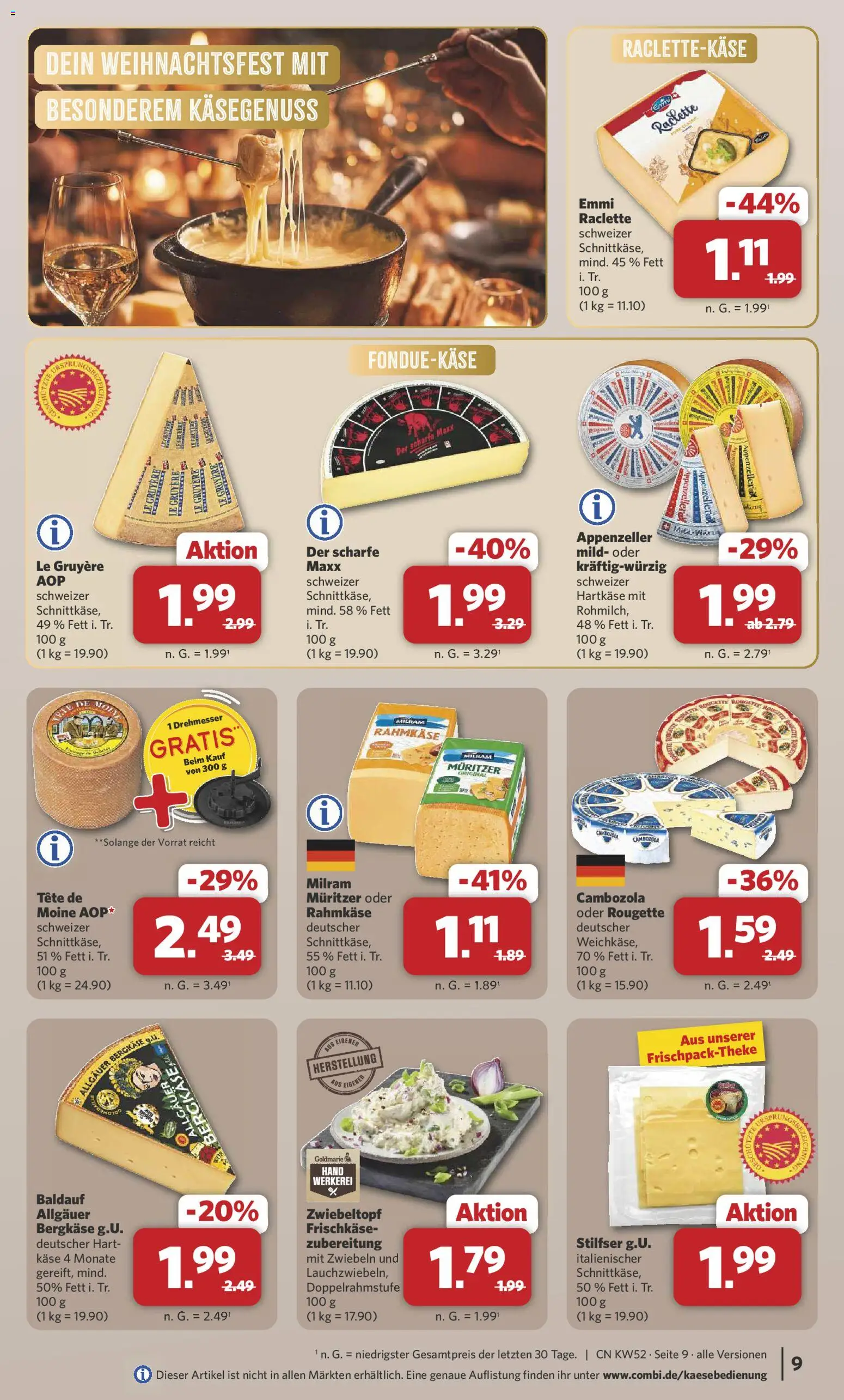 Combi Prospekt 	 – gültig ab 22.12.2025 | Seite: 9 | Produkte: Käse, Zwiebeln, Milram, Raclette