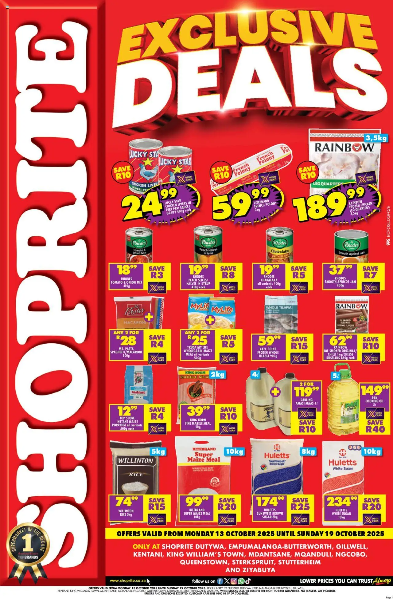 New Shoprite catalogue – valid from 13.10.2025 | Page: 1 | Products: Beans, Drone, Maize meal, Oil