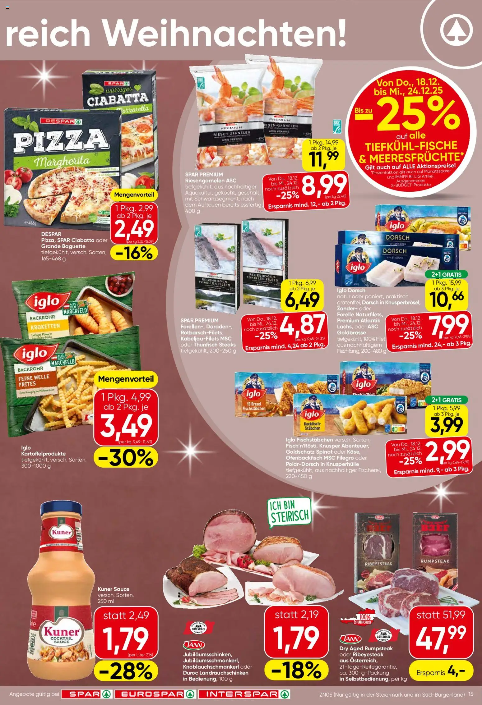 Spar Flublatt - Steiermark gültig ab 18.12.2025 | Seite: 15 | Produkte: Meeresfrüchte, Jääkaappipakastin, Pizza