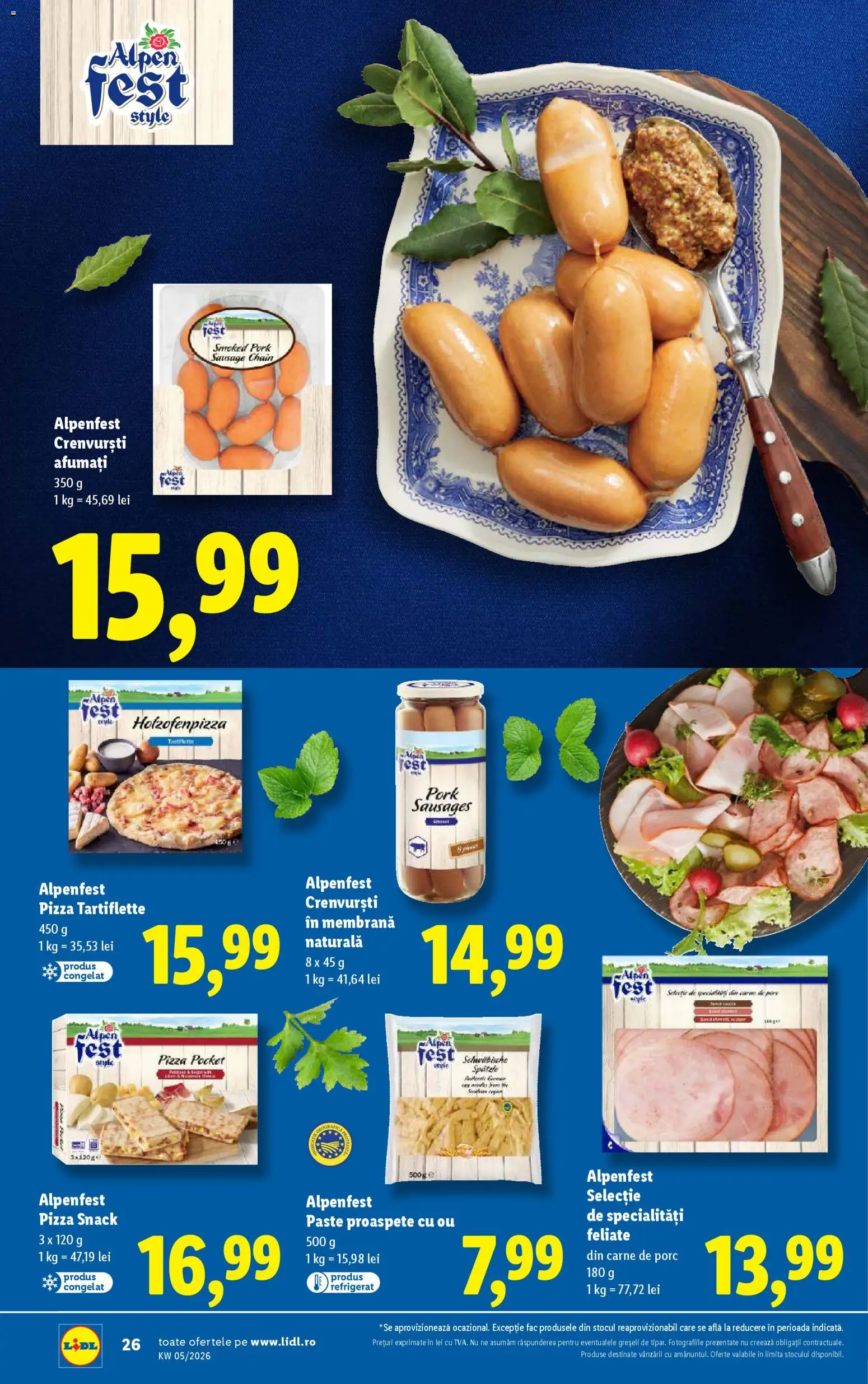 Noul catalog Lidl – valabil de la 26.01.2026 | Pagină: 26 | Produse: Delgeç, Crenvurști, Pizza, Carne De Porc