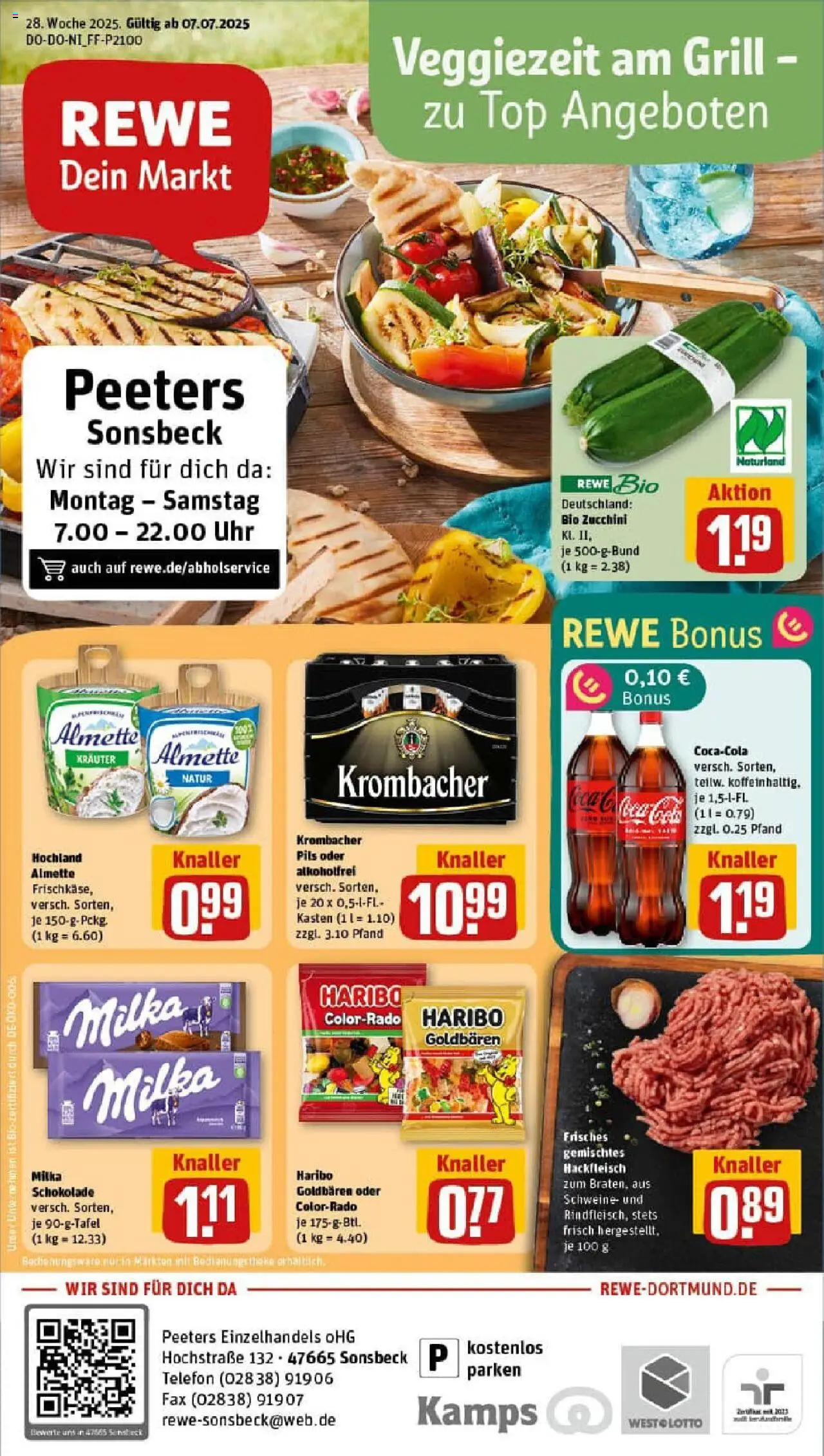 Rewe prospekt Sonsbeck	 - gültig ab dem 06.07.2025 | Seite: 1 | Produkte: Haribo, Schokolade, Zucchini, Hackfleisch