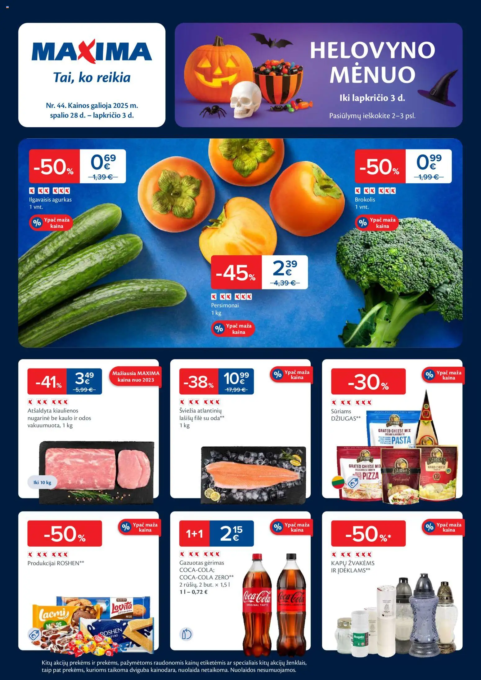 MAXIMA akcijos nuo 28.10.2025 | Puslapis: 1 | Prekių: Brokolis, Agurkas, Kiaulienos, Lašišų filė