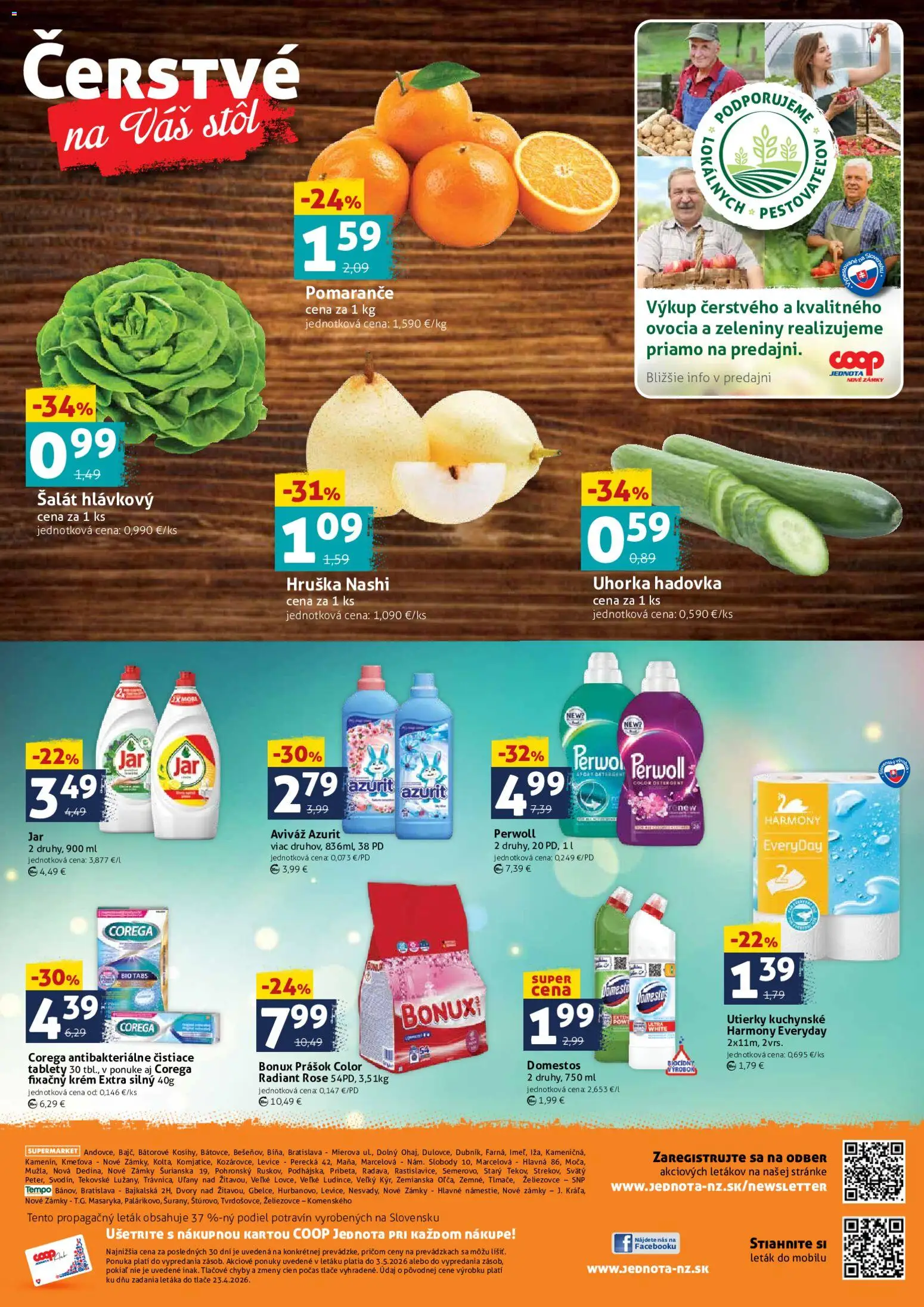 Nové COOP Jednota akcie – leták je platný od 01.05.2026 | Strana: 4 | Produkty: Stôl, Pomaranče, Perwoll