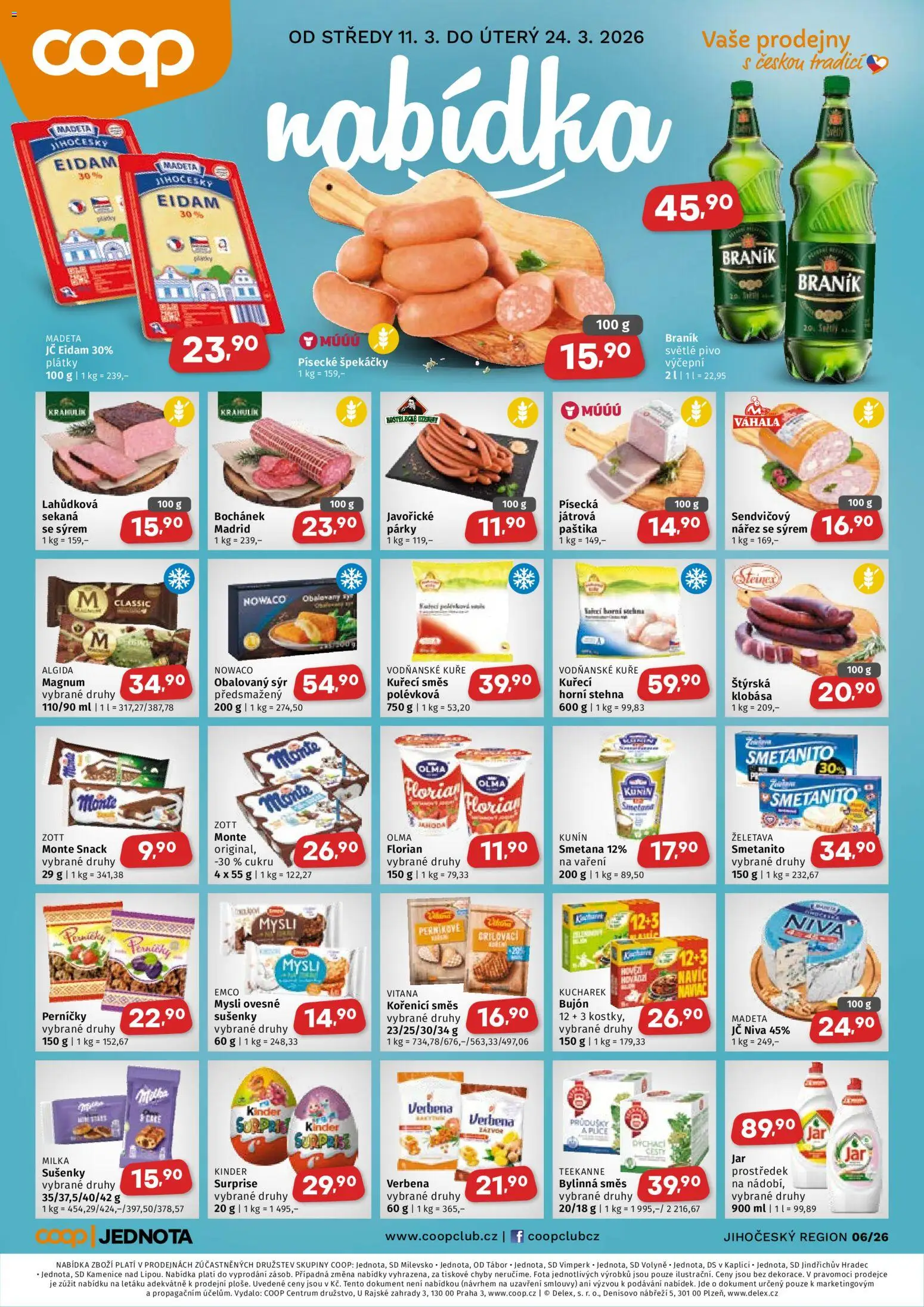 Coop leták - Jihočeský region od 11.03.2026 | Strana: 1 | Produkty: Špekáčky, Klobása, Bujón, Paštika