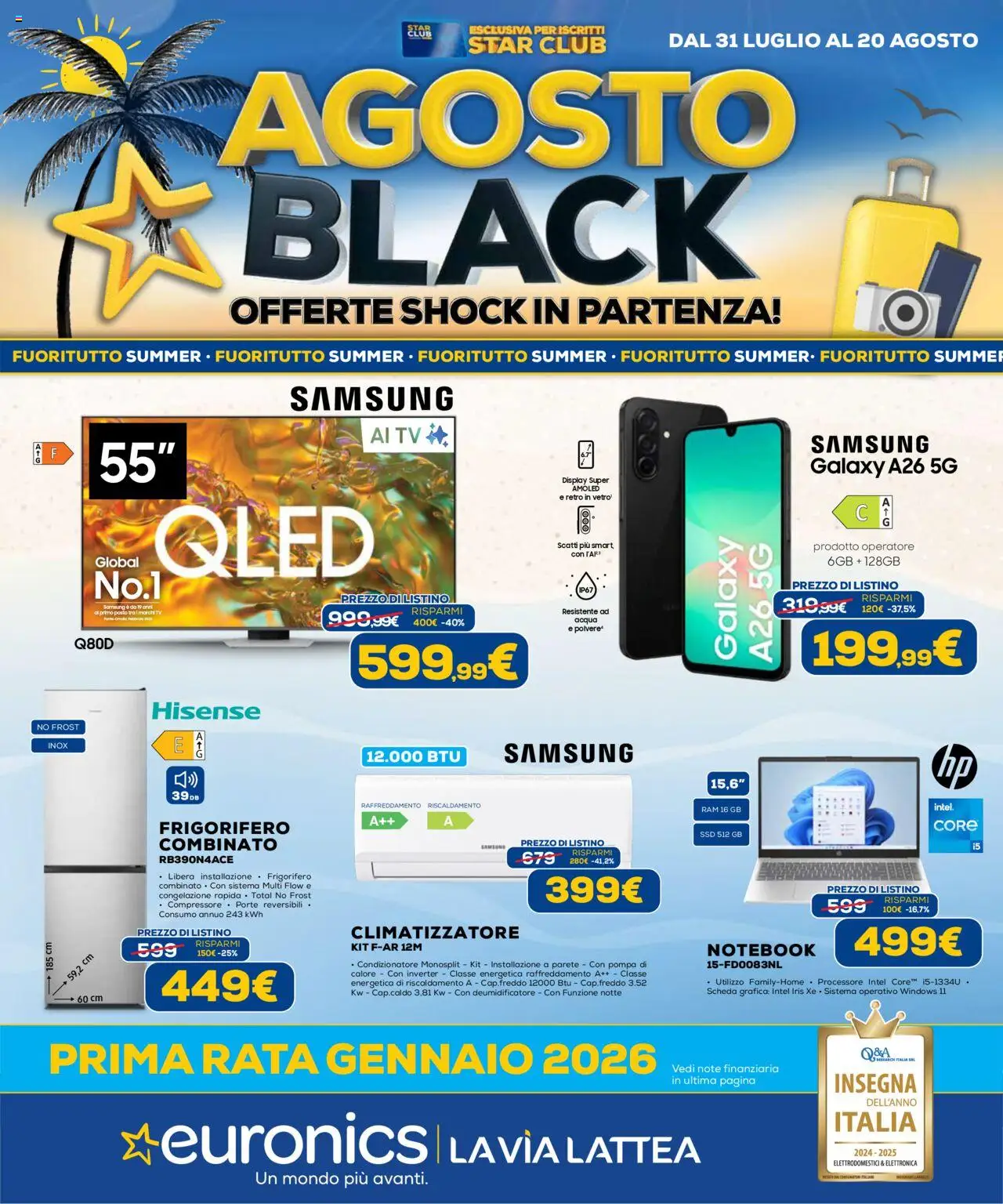 Volantino Euronics del 31.07.2025 | Pagina: 1 | Prodotti: Compressore, TV, Condizionatore, Frigorifero combinato