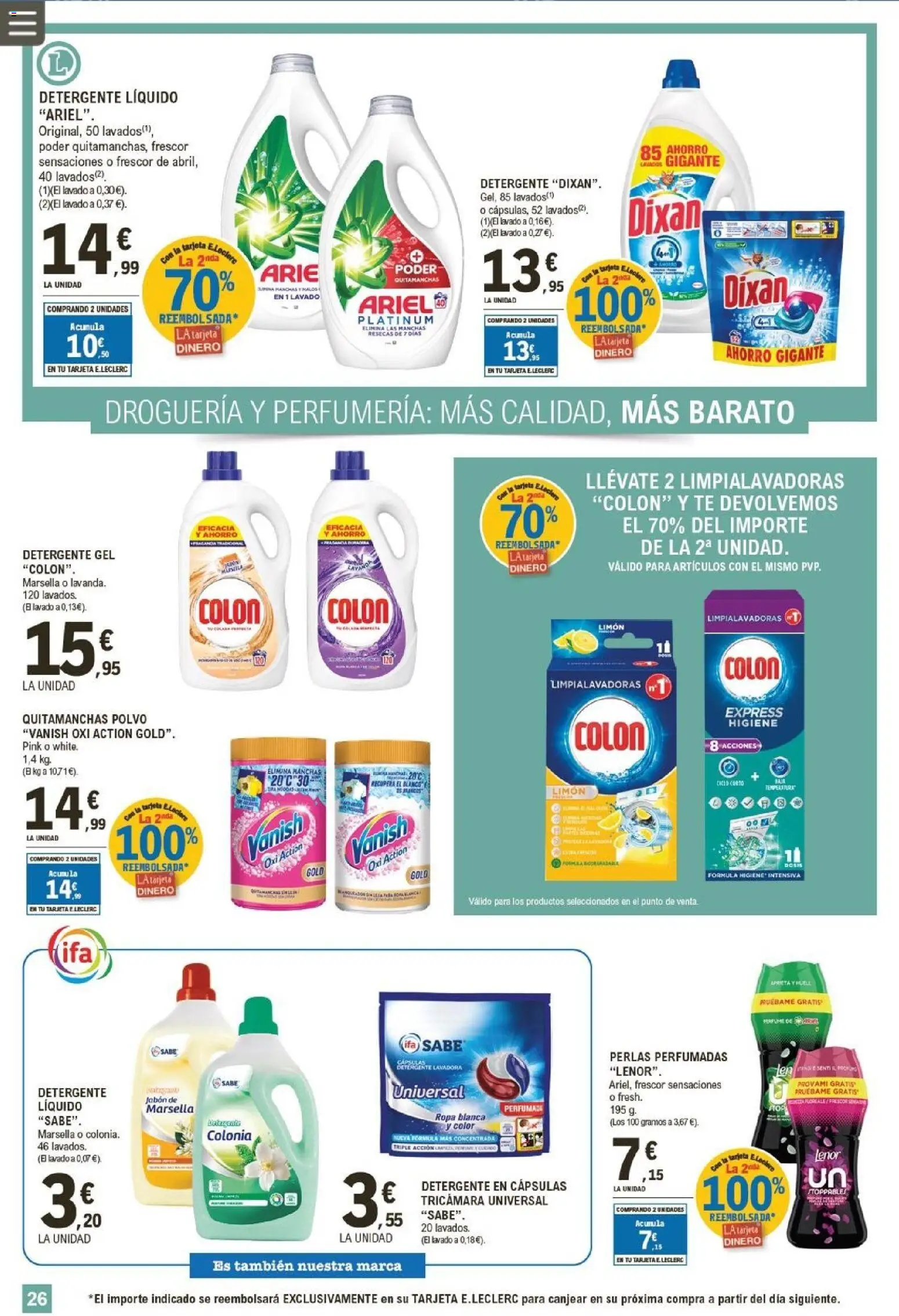 E.Leclerc folleto │ válido desde el 19.11.2025 | Página: 26 | Productos: Colonia, Quitamanchas, Detergente, Té