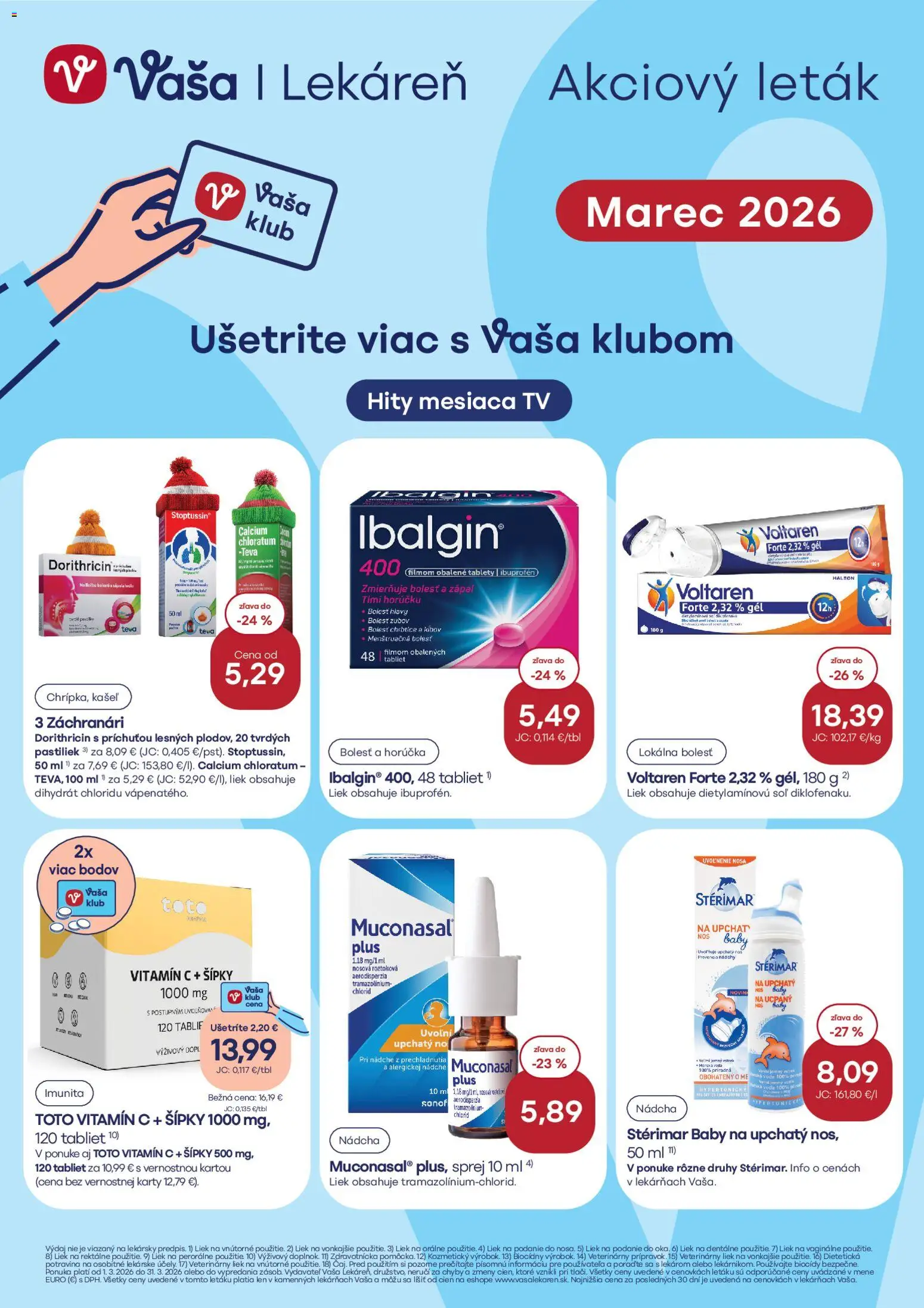 Nové Vaša lekáreň akcie – leták je platný od 01.03.2026 | Strana: 1 | Produkty: Tv, Voltaren, Voda, Soľ