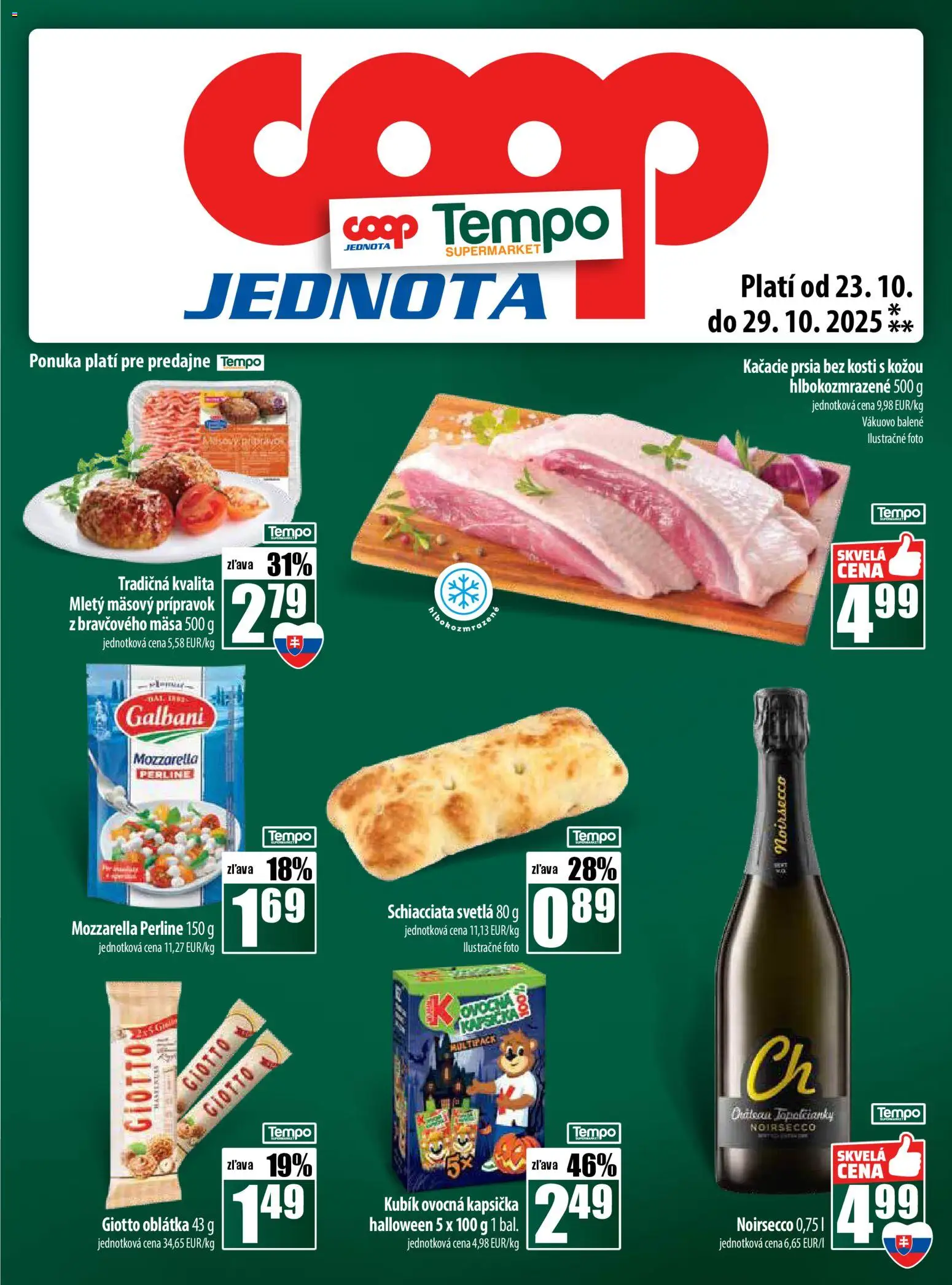 Nové COOP Jednota akcie – leták je platný od 23.10.2025 | Strana: 25 | Produkty: Kačacie prsia, Mozzarella, Svetlá