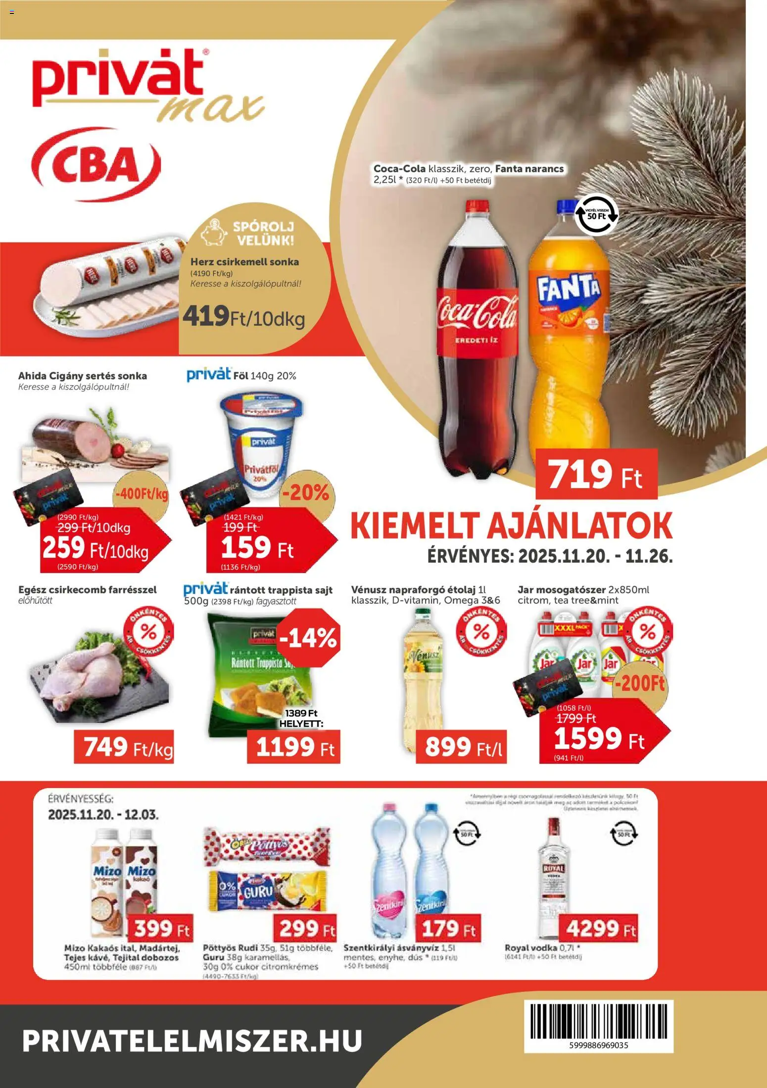 PRIVÁT akciós ujság - amely érvényes a következő dátumtól: 20.11.2025 | Oldal: 1 | Termékek: Fanta, Mosogatószer, Vodka, Csirkemell