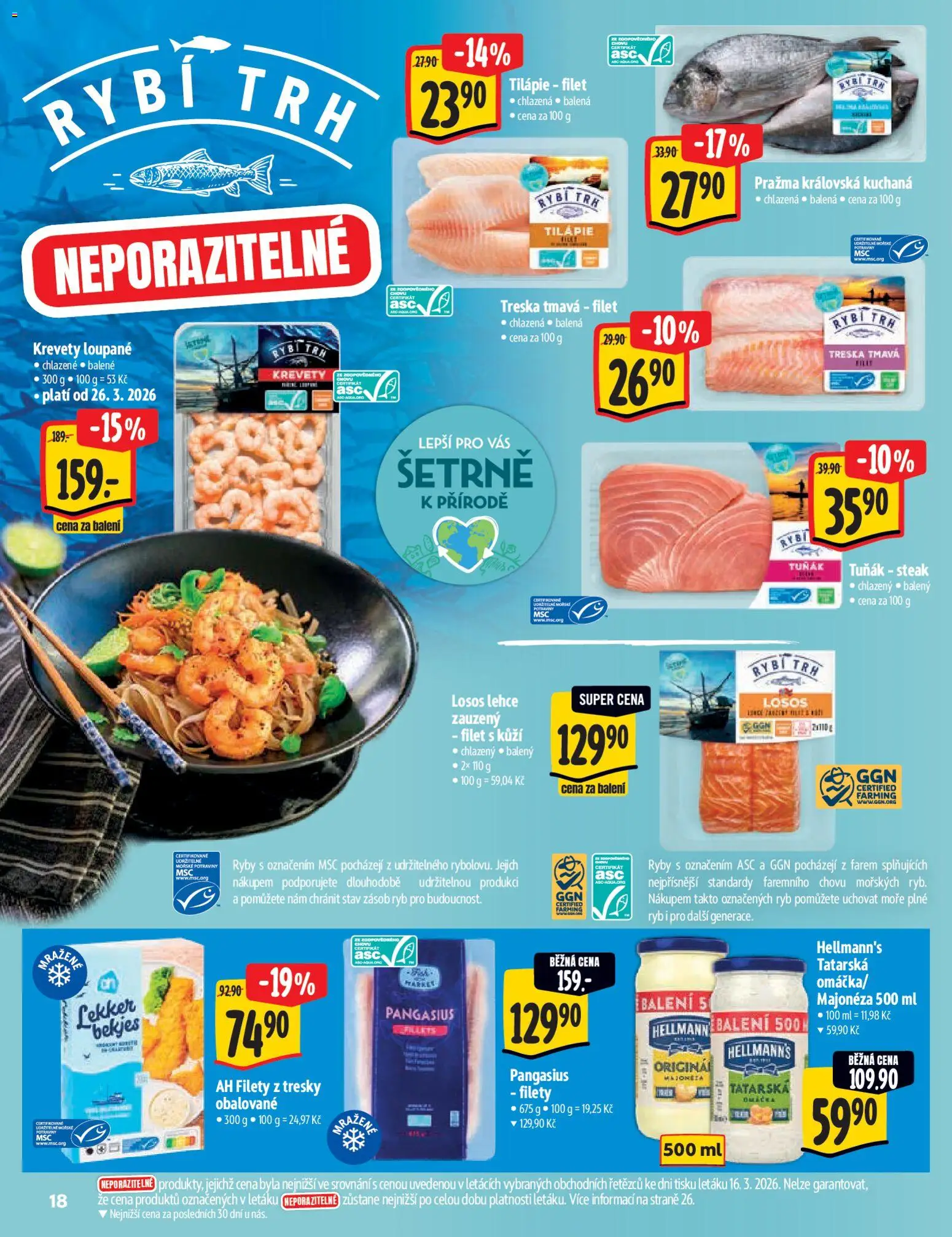 Albert katalog - Hypermarket od 25.03.2026 | Strana: 18 | Produkty: Krevety loupané, Losos, Tilapie, Hellmann's