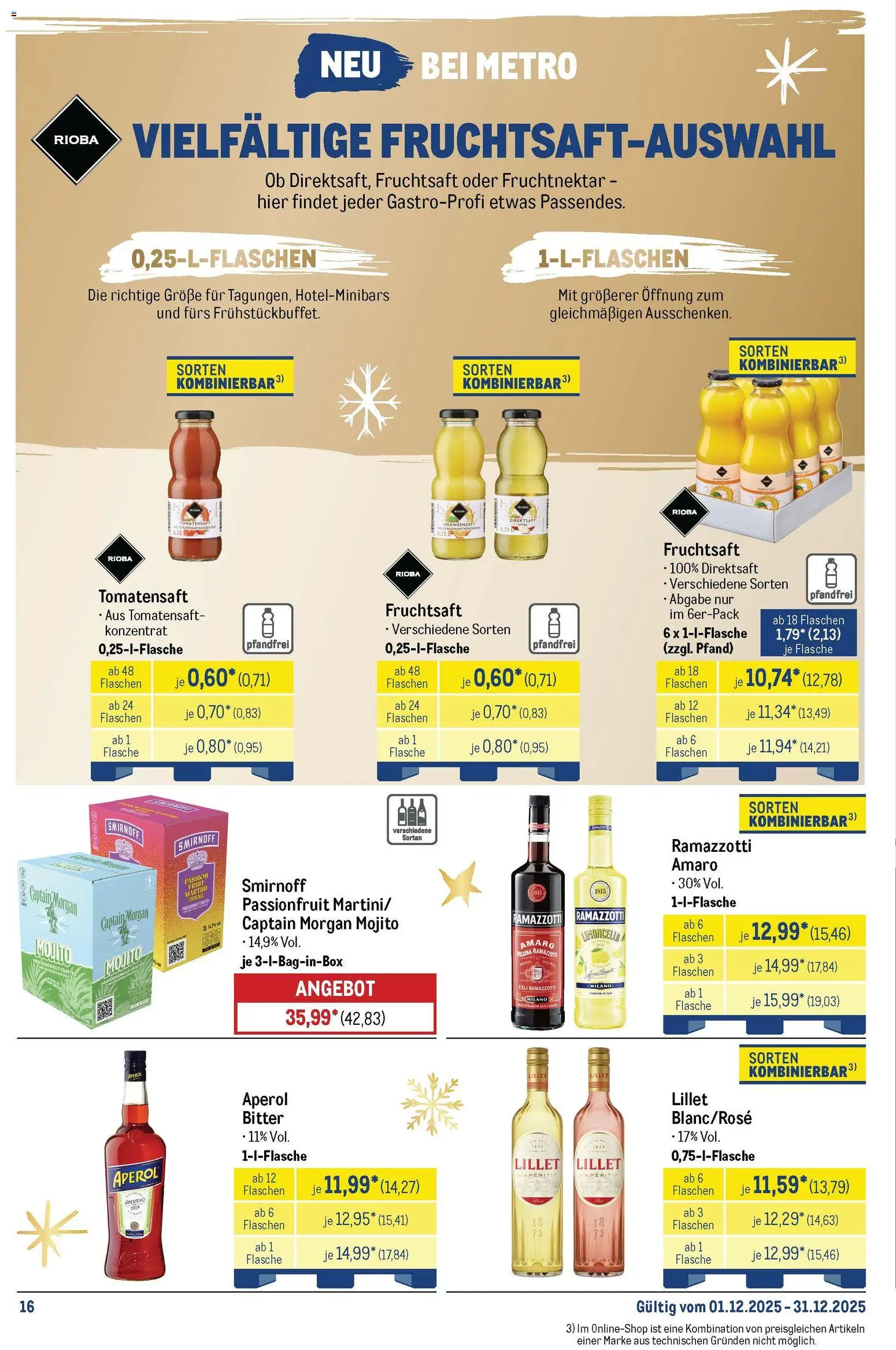 Metro Monats-Menü – gültig ab 01.12.2025 | Seite: 16 | Produkte: Orangensaft, Captain morgan, Aperol, Ramazzotti