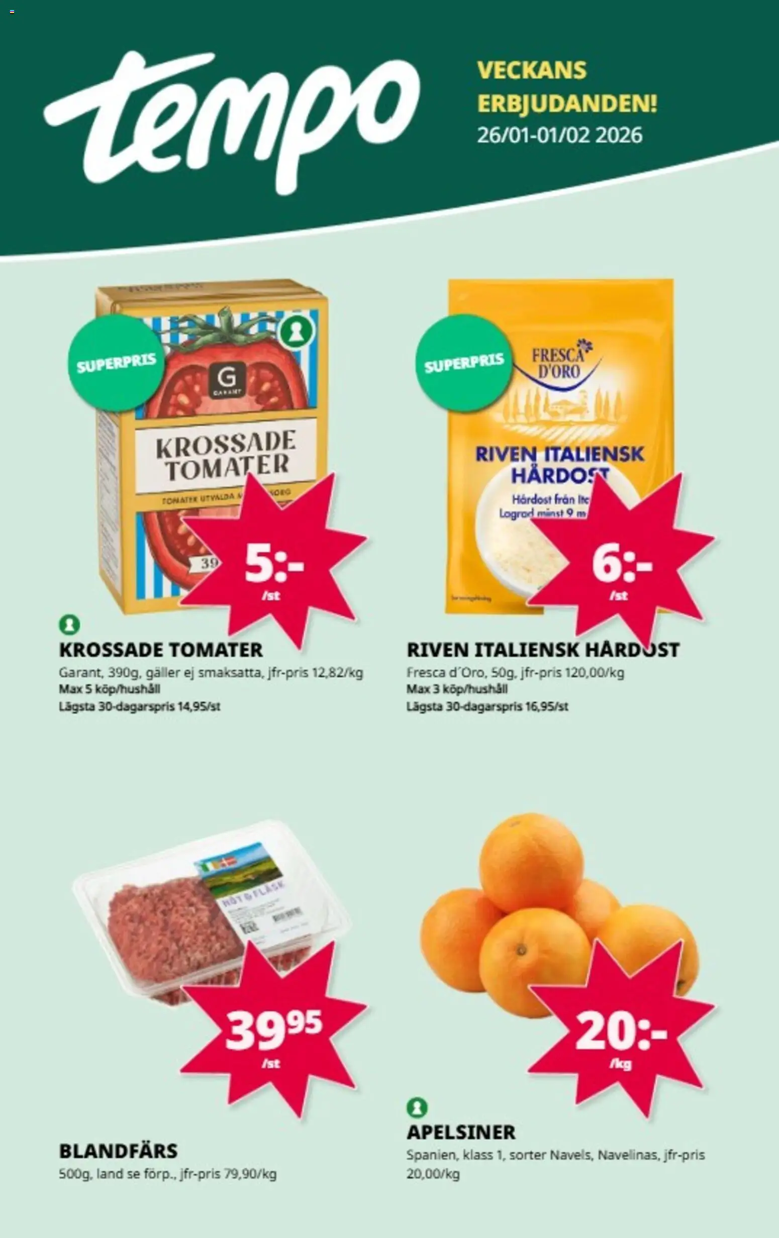 Tempo reklamblad aktuell från 26.01.2026 | Sida: 1 | Produkter: Krossade tomater, Galler, Blandfärs, Apelsiner