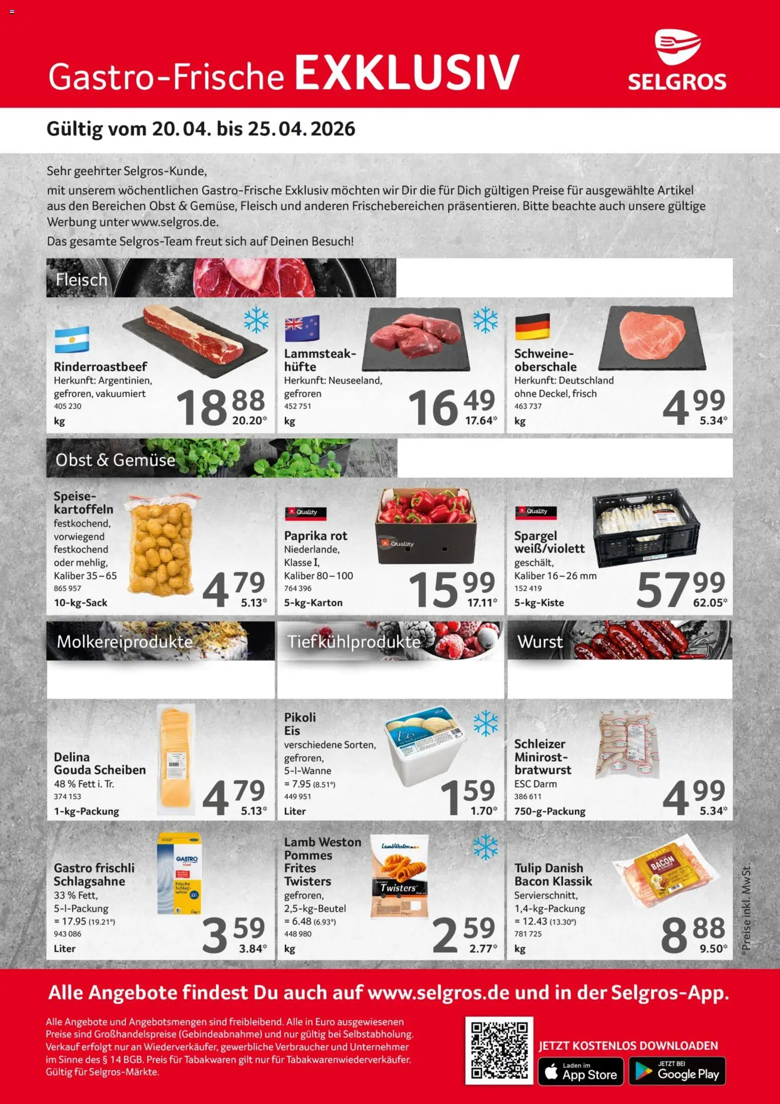 Selgros Gastro Angebote – gültig ab 20.04.2026 | Seite: 1 | Produkte: Paprika rot, Bratwurst, Spargel, Gemüse