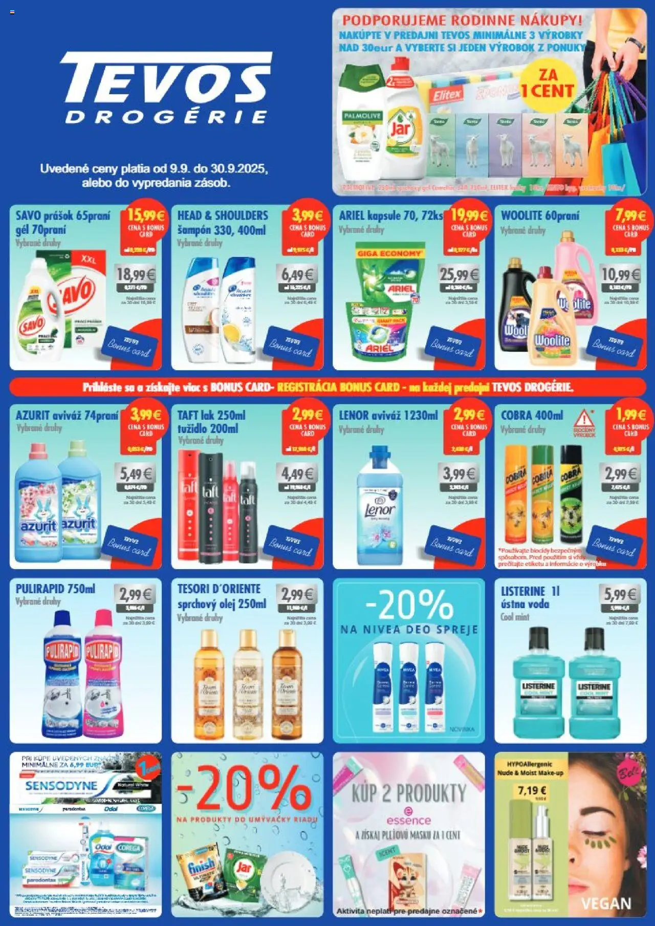 Nové TEVOS drogérie akcie – leták je platný od 09.09.2025 | Strana: 1 | Produkty: Olej, Nivea, Woolite, Head & Shoulders