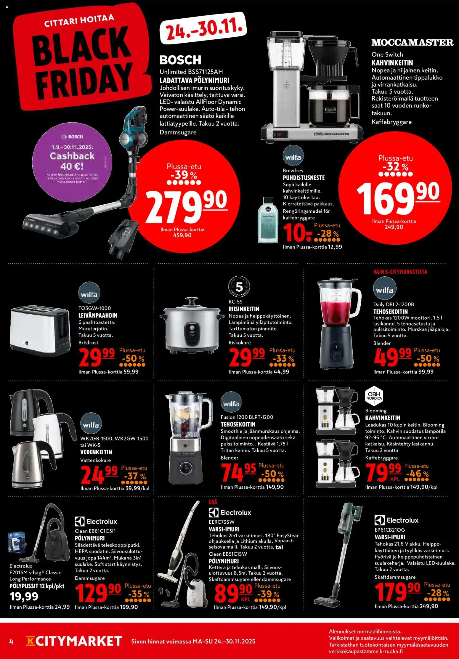 K-Citymarket - Black Friday – voimassa 24.11.2025 alkaen | Sivu: 4 | Tuotteet: Kahvinkeitin, Riisinkeitin, Leivänpaahdin, Tehosekoitin