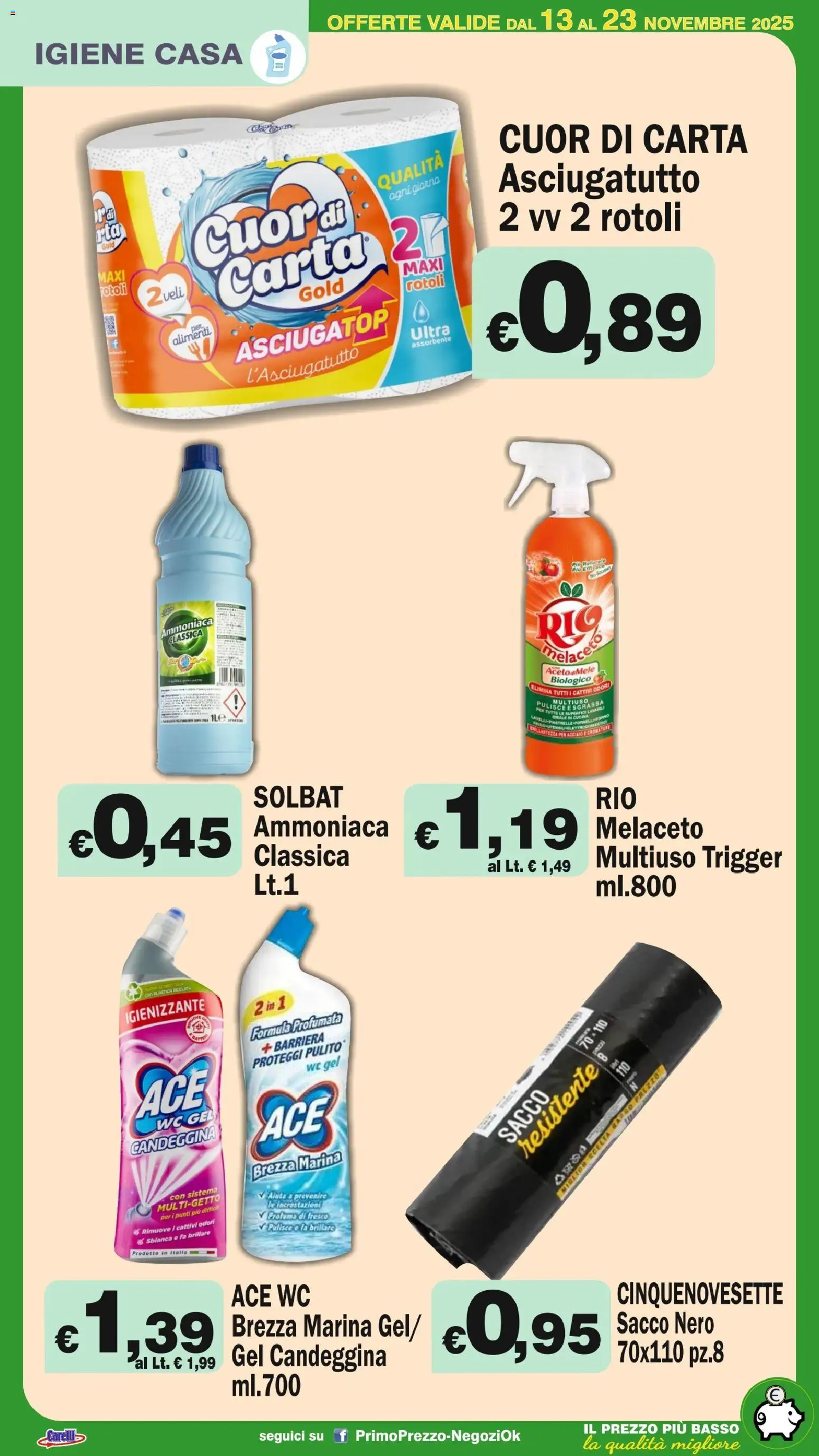 Volantino Primo Prezzo del 13.11.2025 | Pagina: 23 | Prodotti: Mele, Candeggina, Aceto, WC