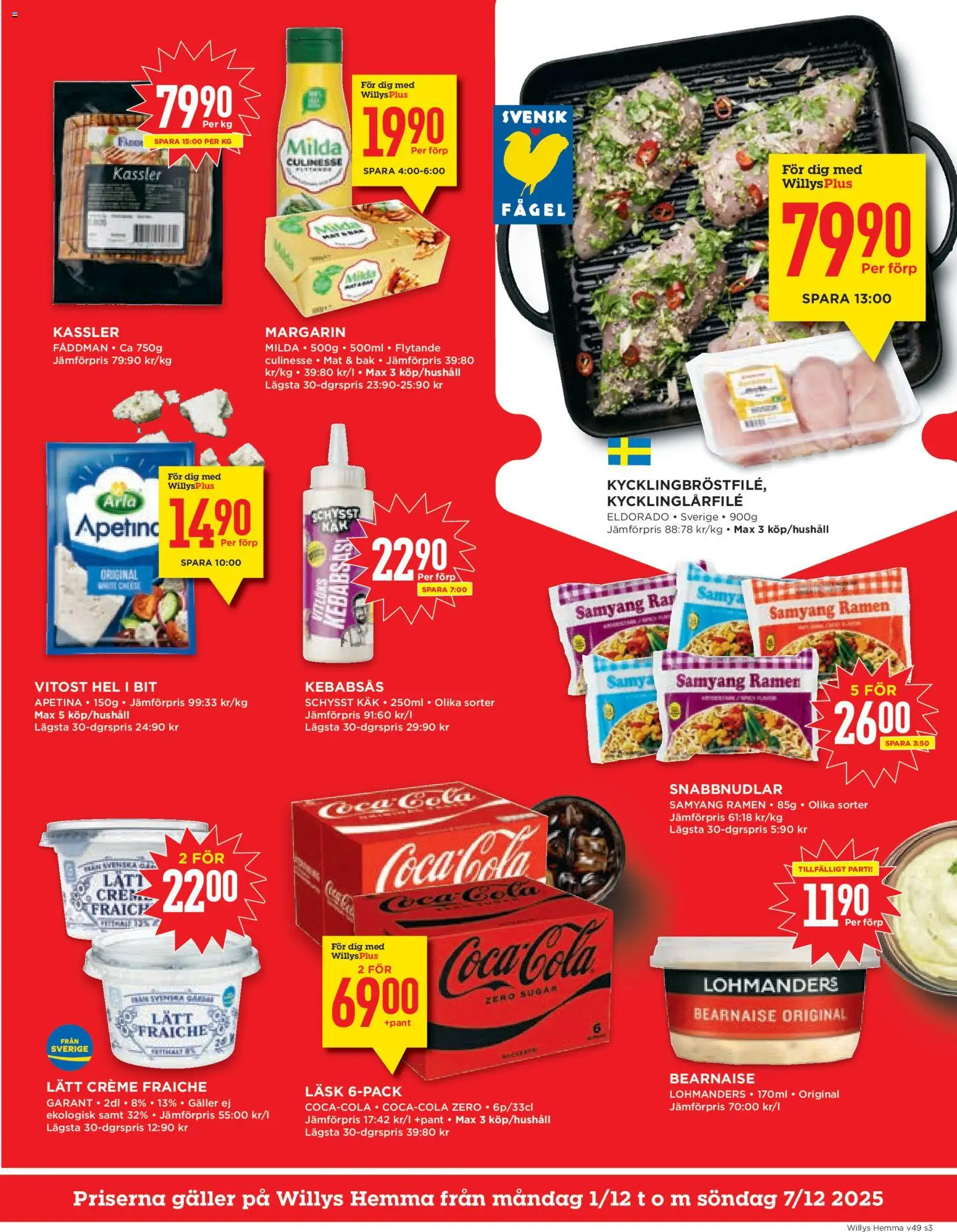 Willys reklamblad aktuell från 01.12.2025 | Sida: 3 | Produkter: Kassler, Galler, Coca cola, Kebabsås