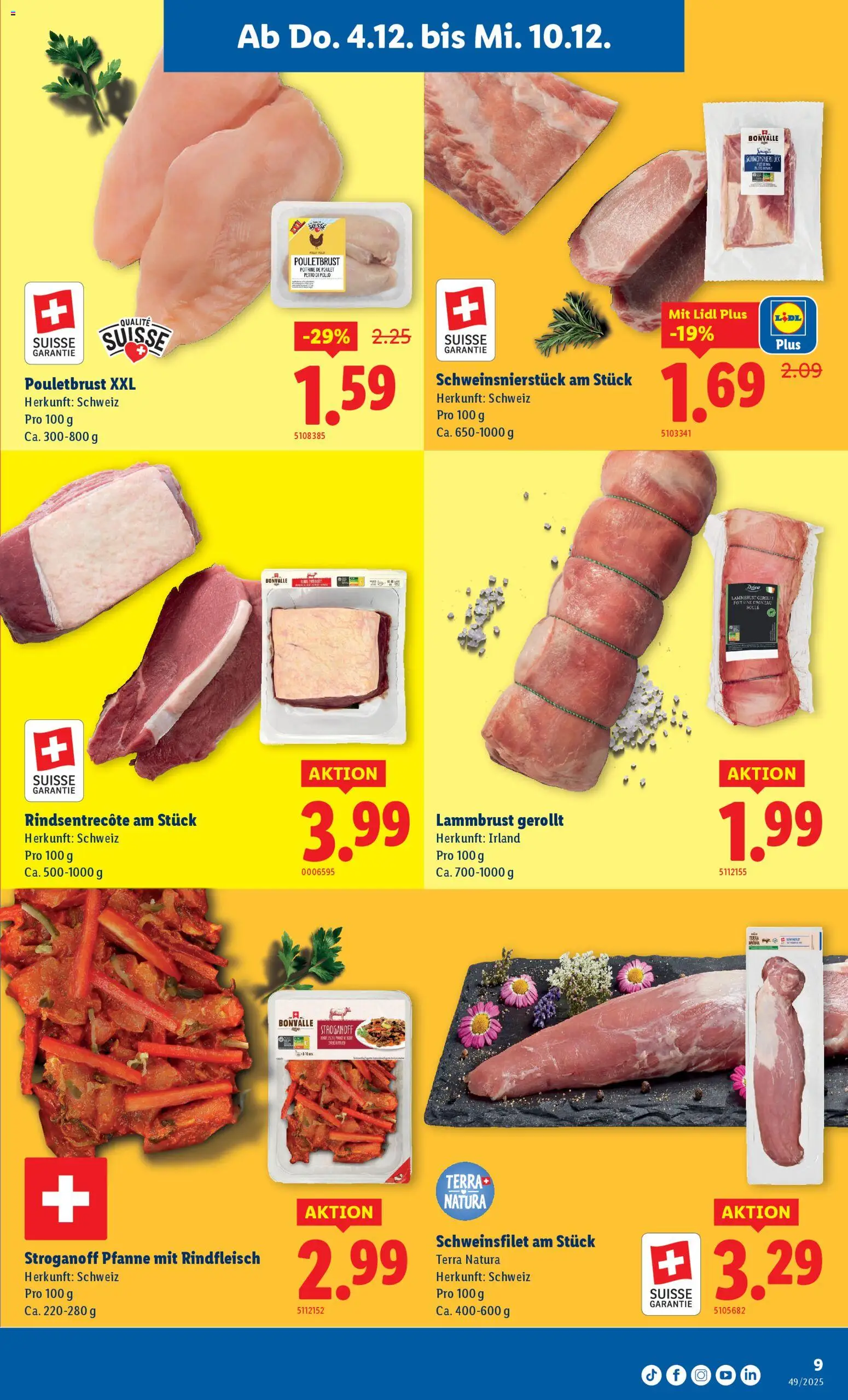 Lidl Aktionen – gültig ab 04.12.2025 | Seite: 9 | Produkte: Pouletbrust, Rindfleisch