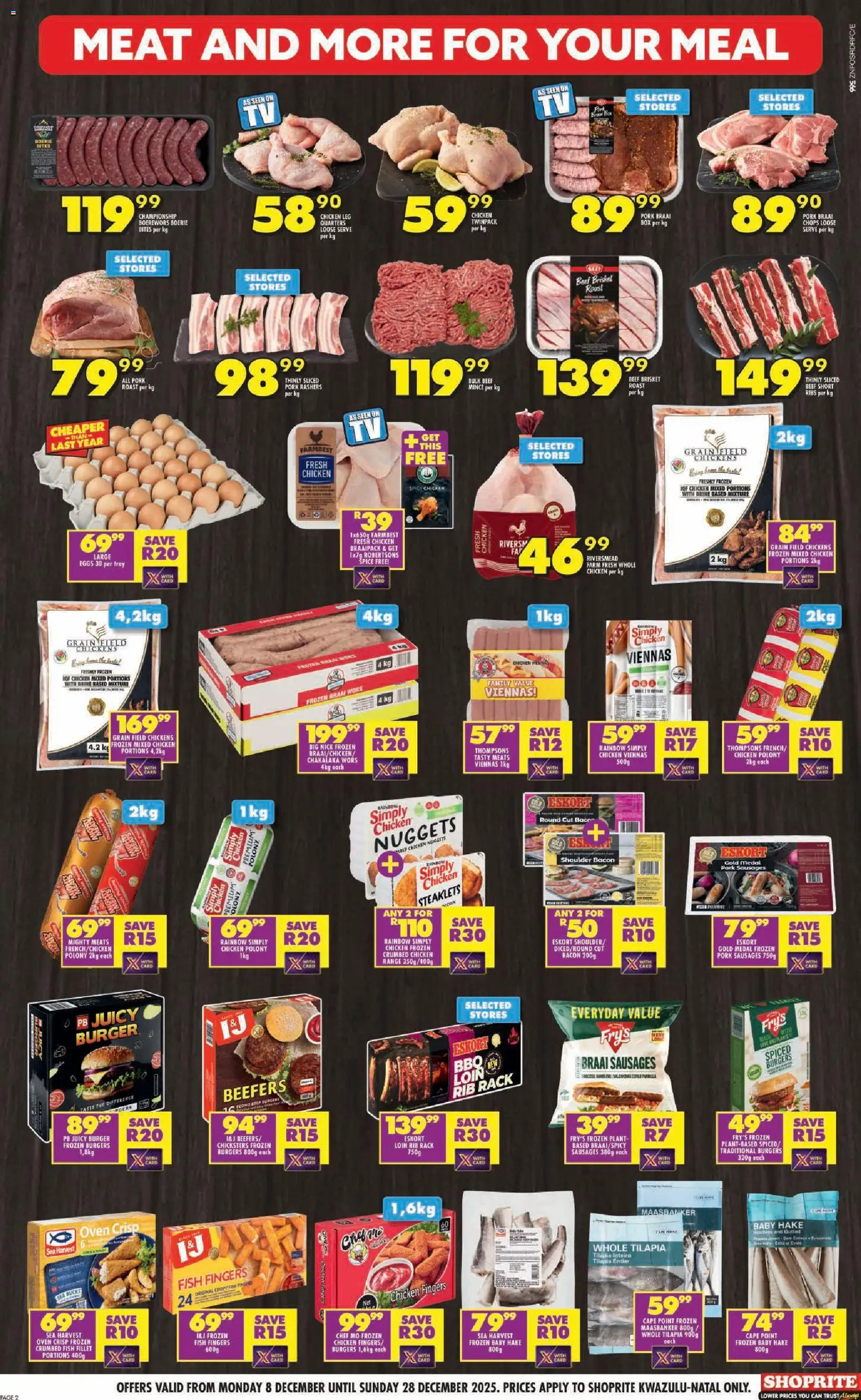 New Shoprite catalogue – valid from 08.12.2025 | Page: 2 | Products: Eggs, Polony, Fish, Burgers