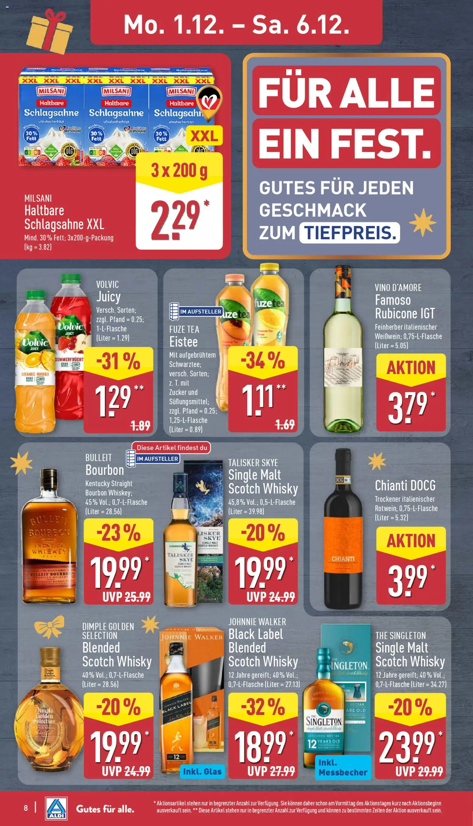 Aldi Prospekt 	 – gültig ab 01.12.2025 | Seite: 8 | Produkte: Whisky, Fuze tea, Schlagsahne, Zucker