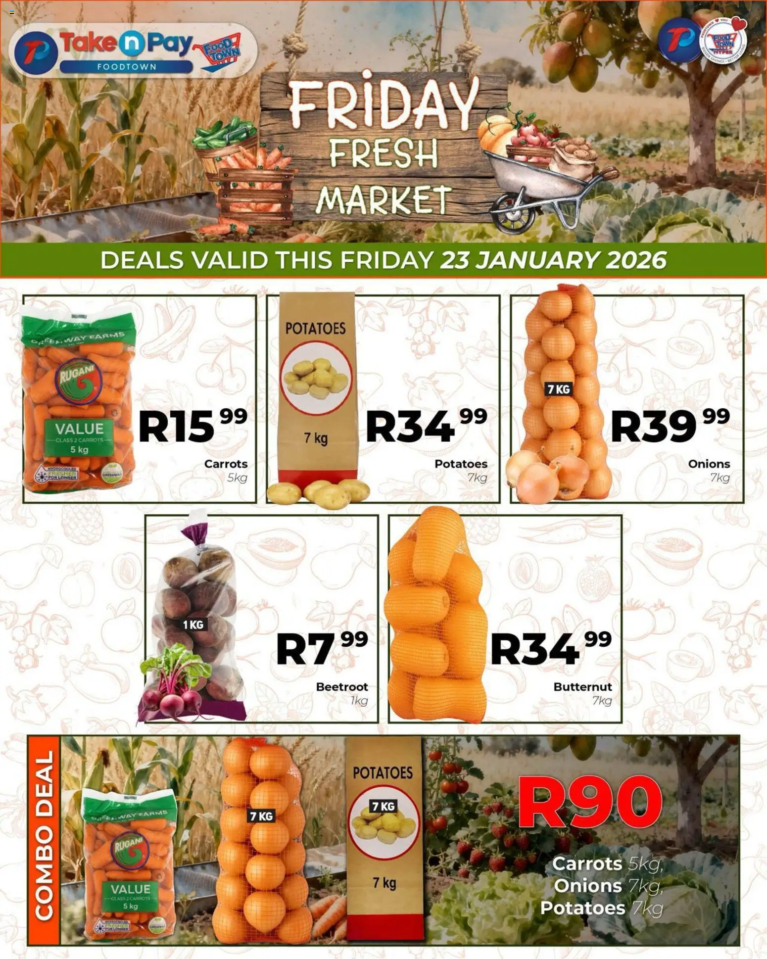 New Take n Pay catalogue – valid from 23.01.2026 | Page: 8 | Products: Carrots, Potatoes, Onions
