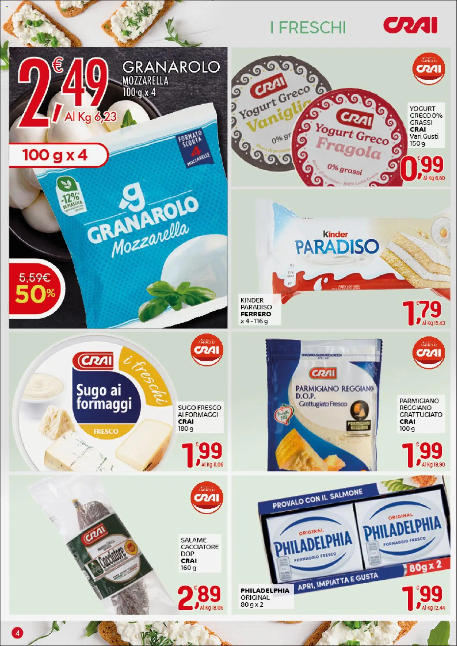 Volantino CRAI del 07.04.2026 | Pagina: 4 | Prodotti: Yogurt greco, Mozzarella, Sugo, Parmigiano