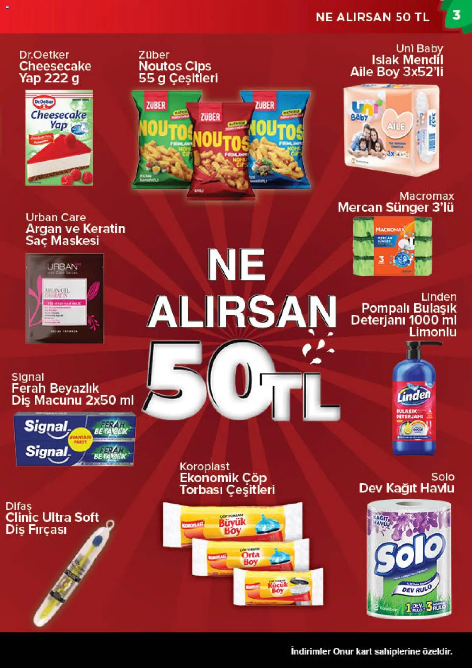 Onur Market Katalog - 28.04.2026 tarihinden itibaren geçerlidir | Sayfa: 3 | Ürünler: Mendil, Diş macunu, Cips, Kağıt havlu