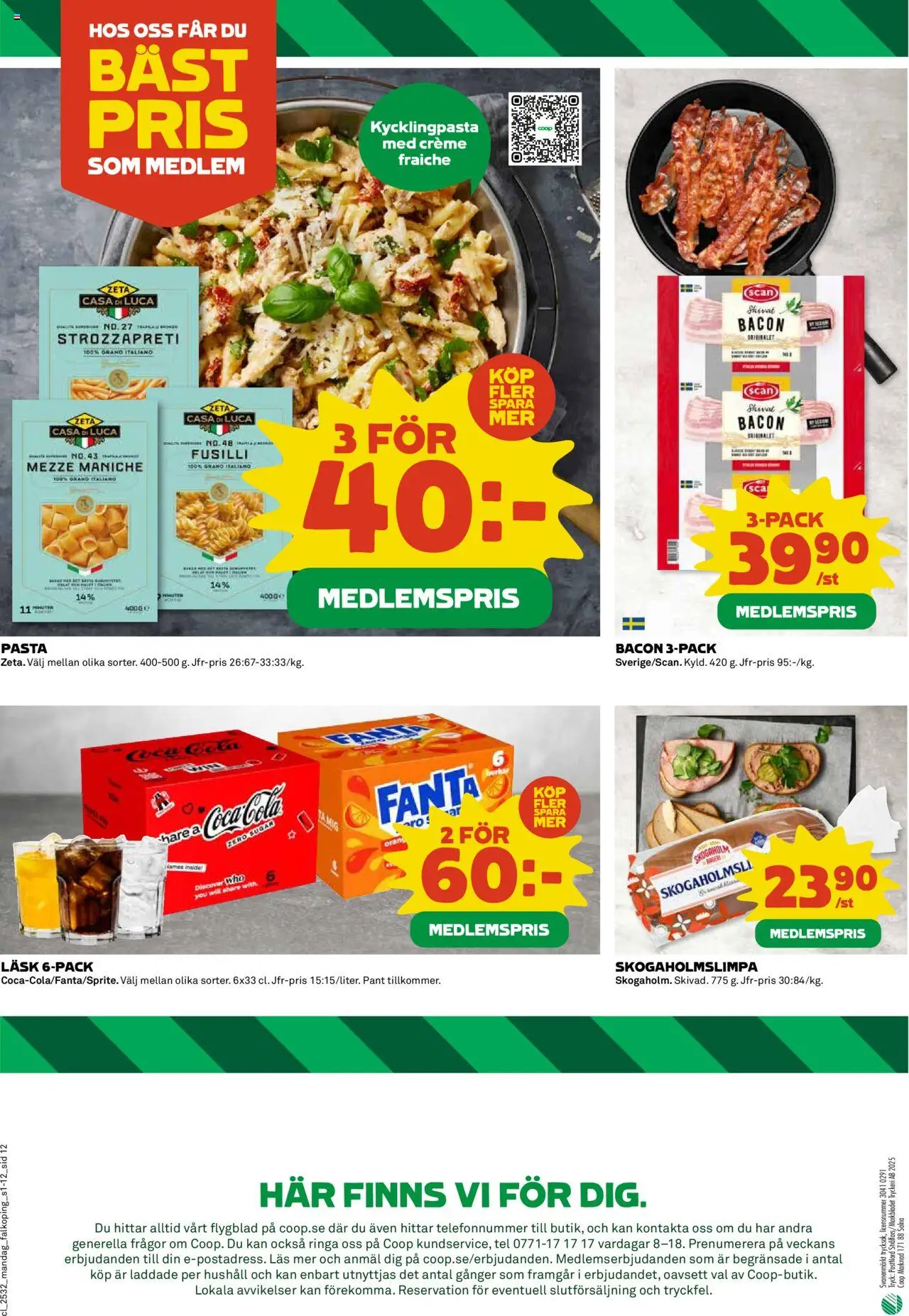 Coop reklamblad aktuell från 04.08.2025 | Sida: 12 | Produkter: Bacon, Coca cola, Pasta