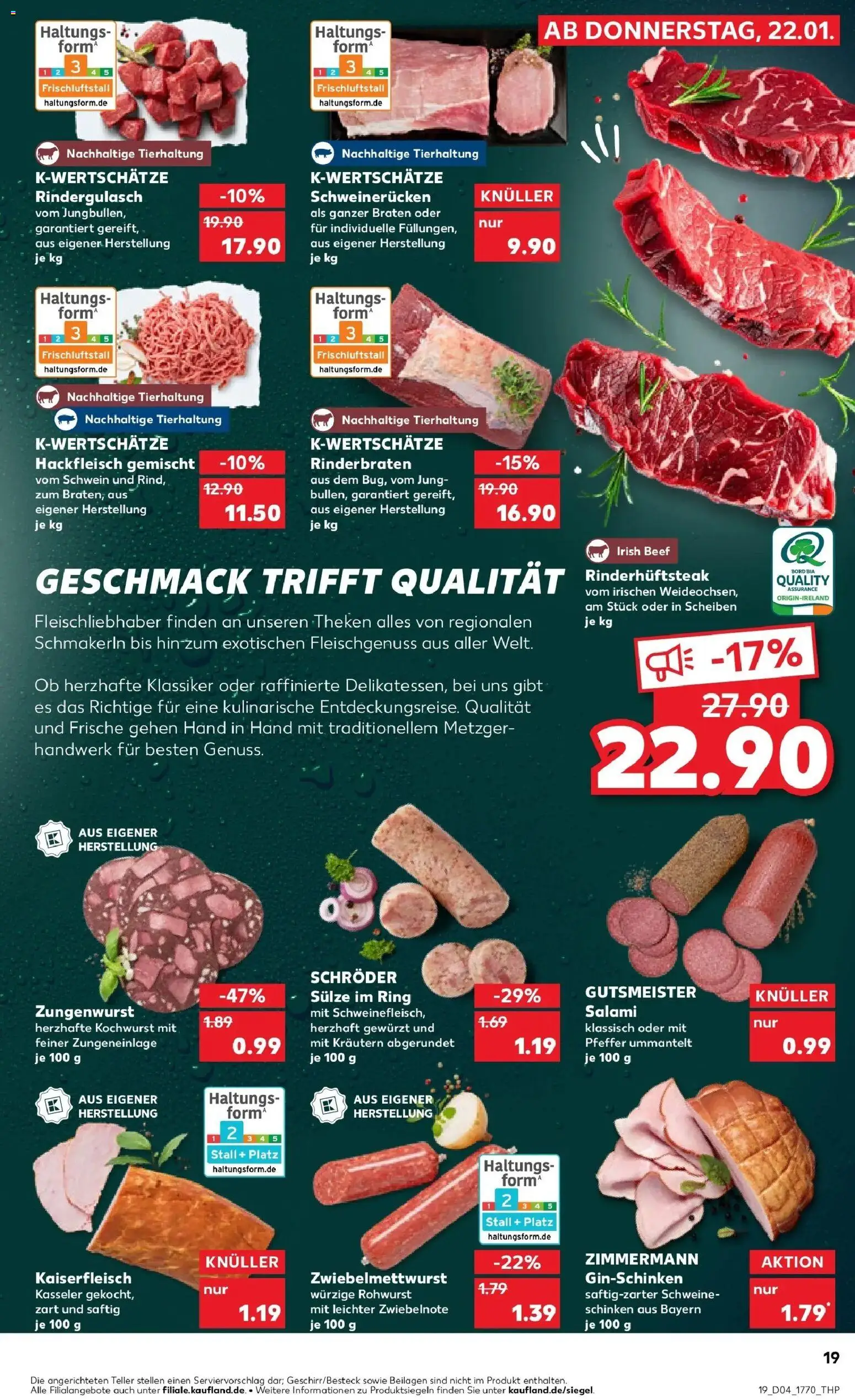 Prospekt Kaufland ab 22.01.2026 » Angebote Online zum Blättern | Seite: 19 | Produkte: Rindergulasch, Pfeffer, Schinken, Gin