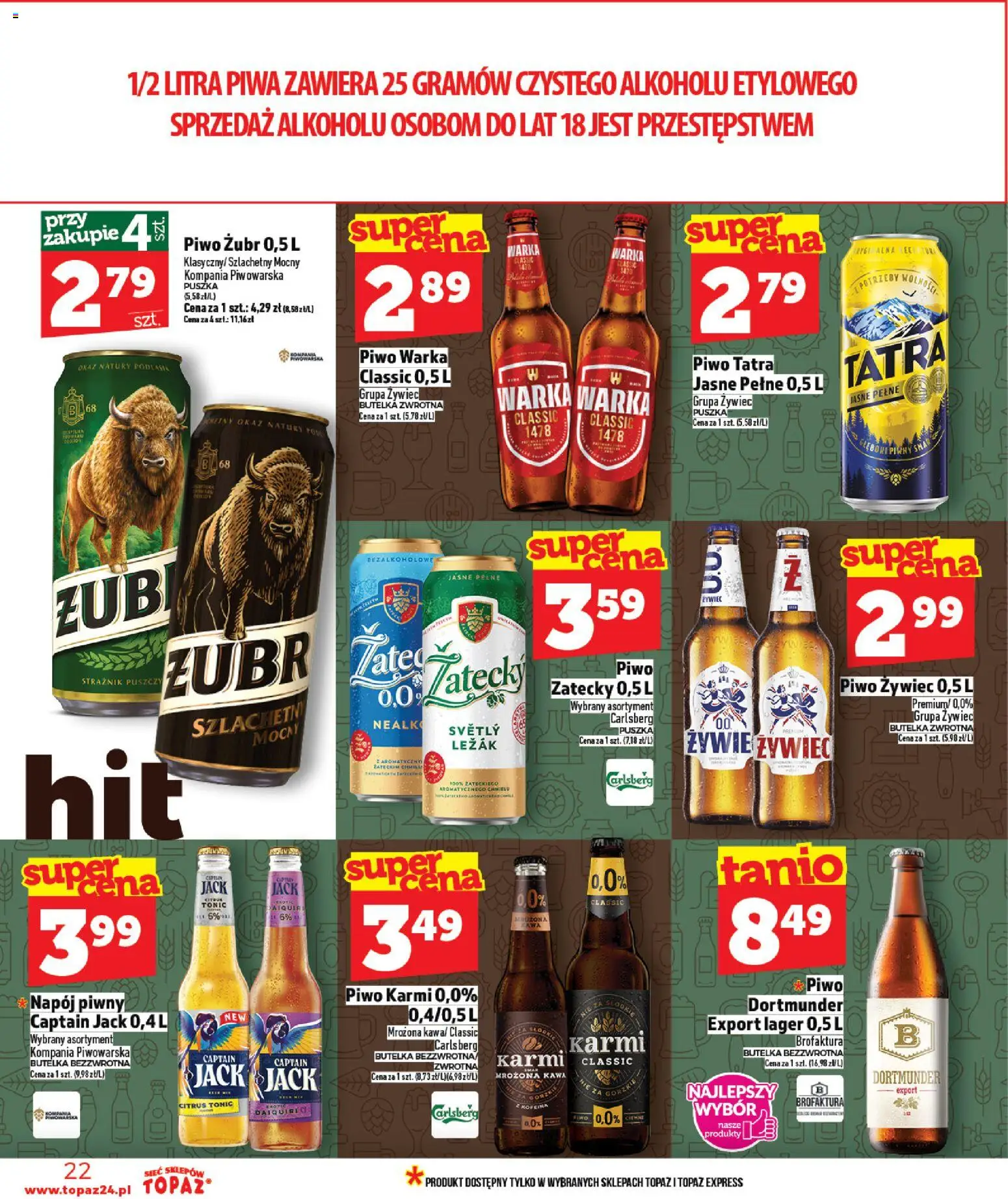 Topaz Gazetka od 05.02.2026 | Strona: 22 | Produkty: Piwo żubr, Leżak, Piwo Warka, Piwo