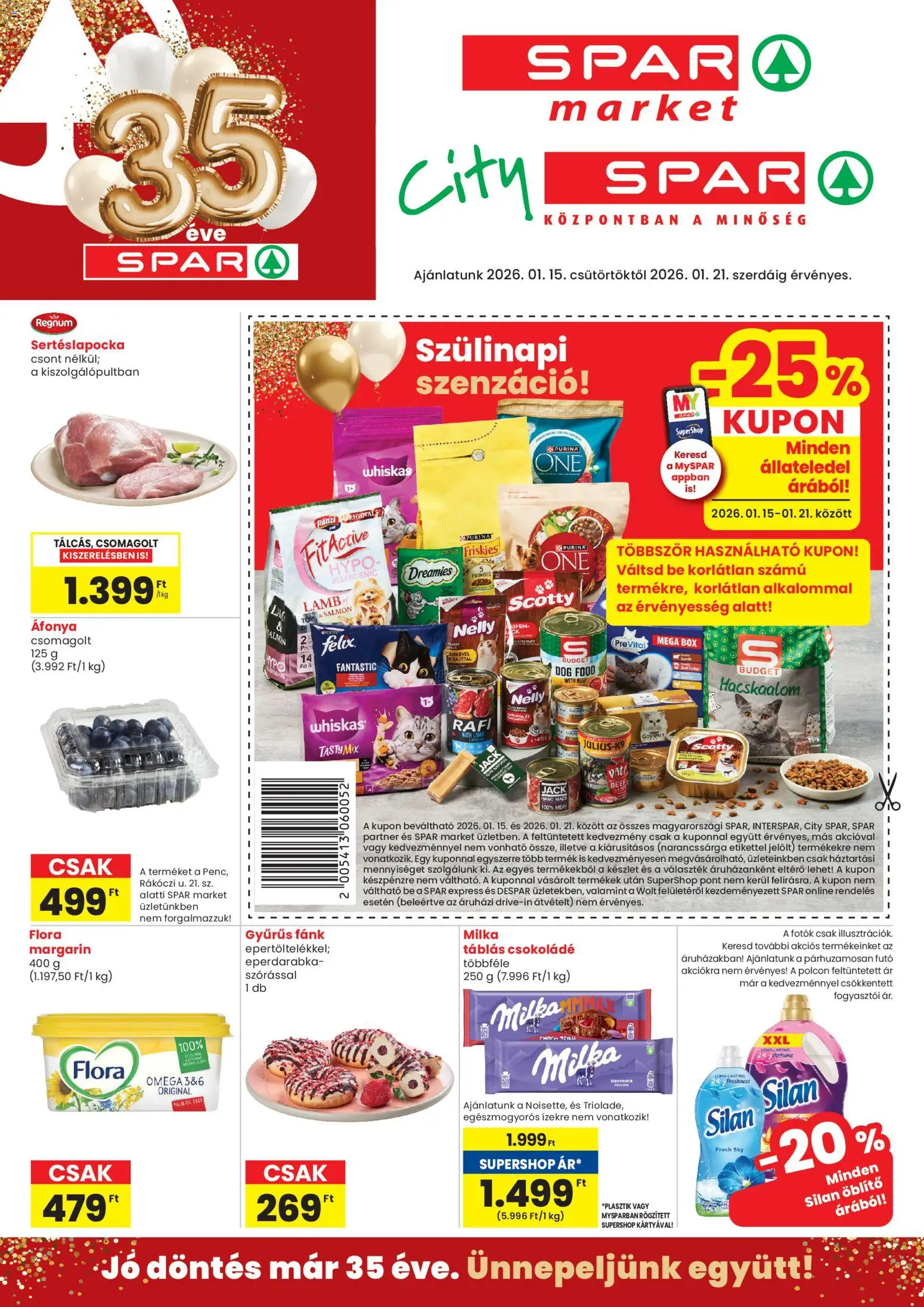 Spar Market akciós ujság - amely érvényes a következő dátumtól: 15.01.2026 | Oldal: 1 | Termékek: Macskaalom, Áfonya, Fánk, Whiskas