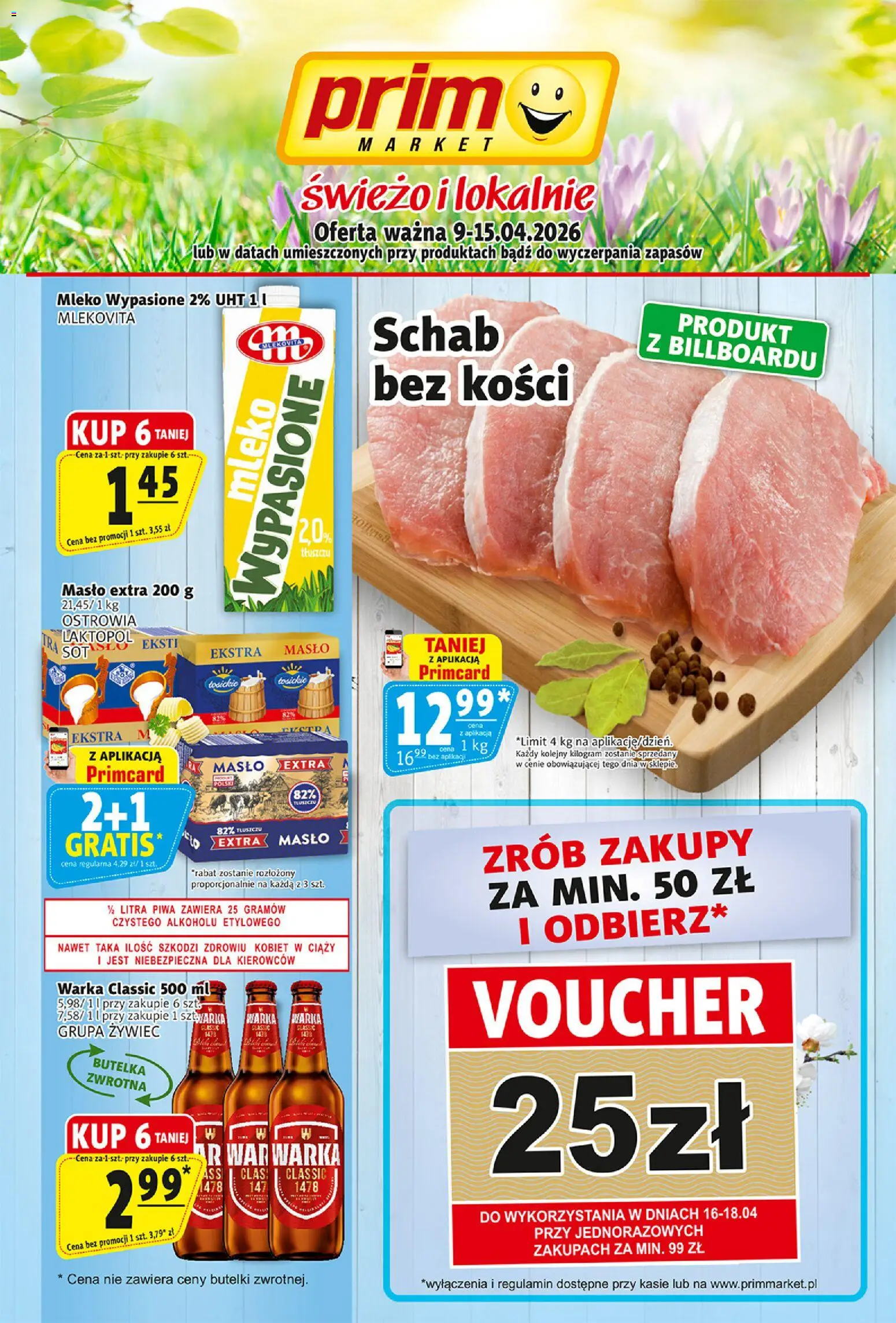 Prim Market gazetka od 09.04.2026 | Strona: 1 | Produkty: Mleko wypasione, Schab, Mleko, Masło