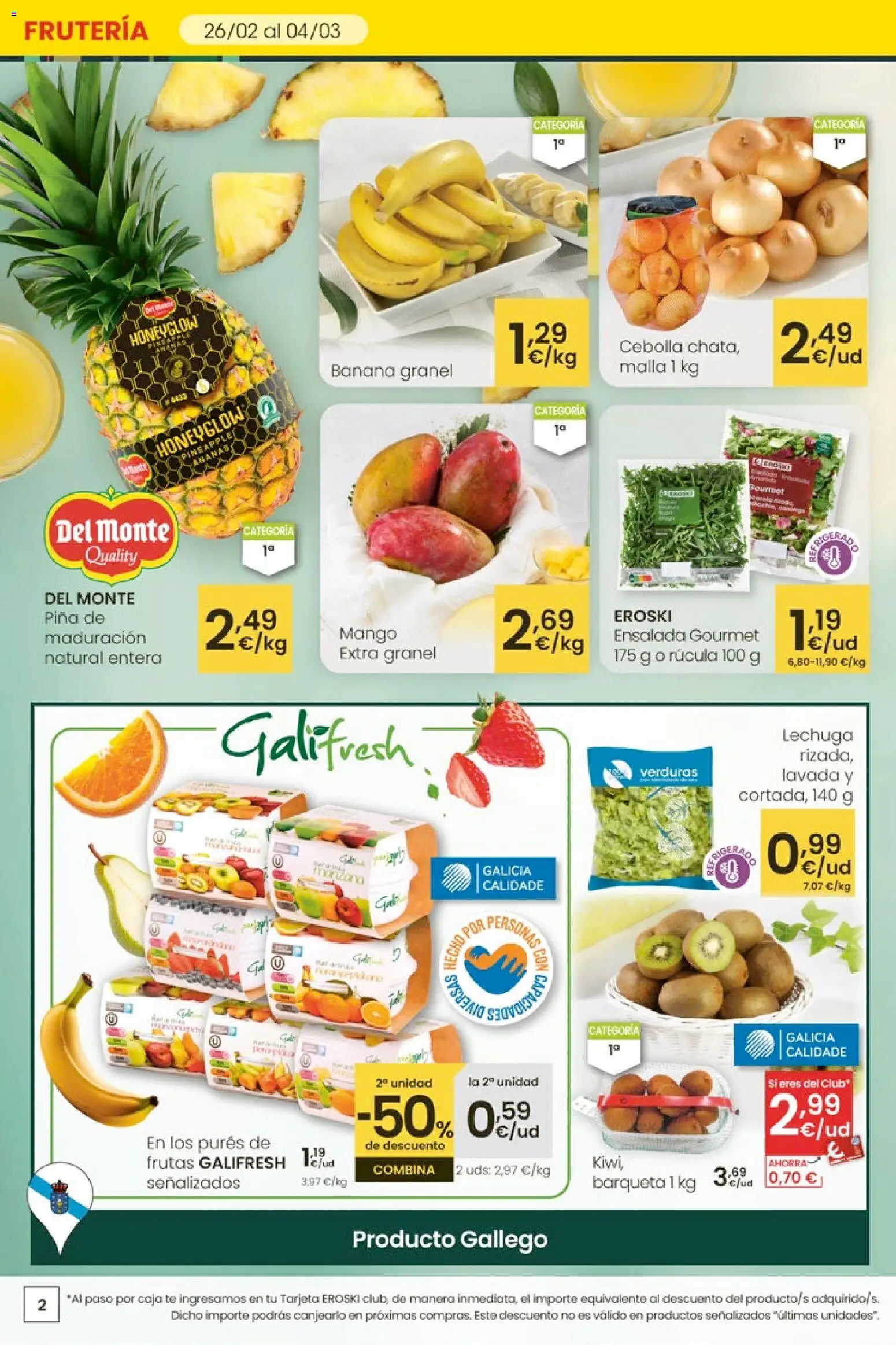 Eroski - 50 de descuento │ válido desde el 26.02.2026 | Página: 2 | Productos: Piña, Kiwi, Ensalada, Παγωμένο τσάι